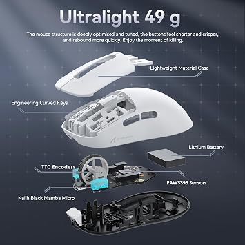 ATTACK SHARK X3 49g SUPERLIGHT Fare, PixArt PAW3395 Oyun Sensörü BT/2.4G Kablosuz/Kablolu Oyun Faresi, 26000'e Kadar 6 Ayarlanabilir DPI, 200 Saat Pil, G502, Win11/Xbox/PS/Mac için Ofis Faresi (Beyaz)