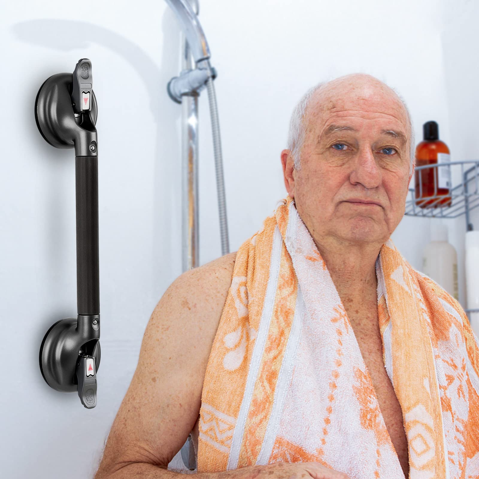 Mango de ducha de 17 pulgadas, barra de agarre mejorada con ventosas fuertes para seguridad en la bañera y la ducha, ideal para personas mayores, ancianos, discapacitados, color negro