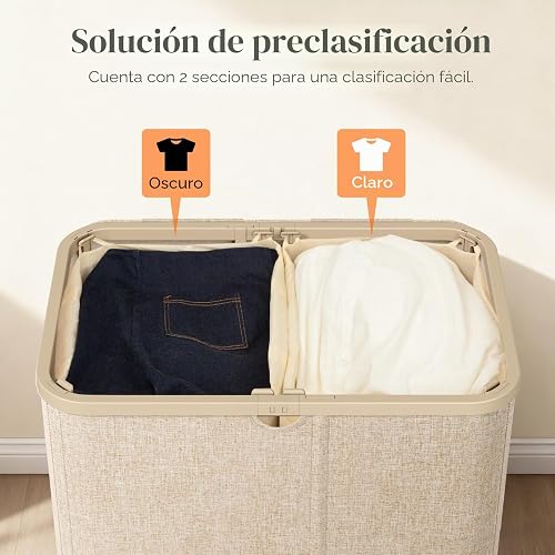Lifewit 145L 2-Compartment Laundry Basket with Lid, Washing Basket, Beige - 3