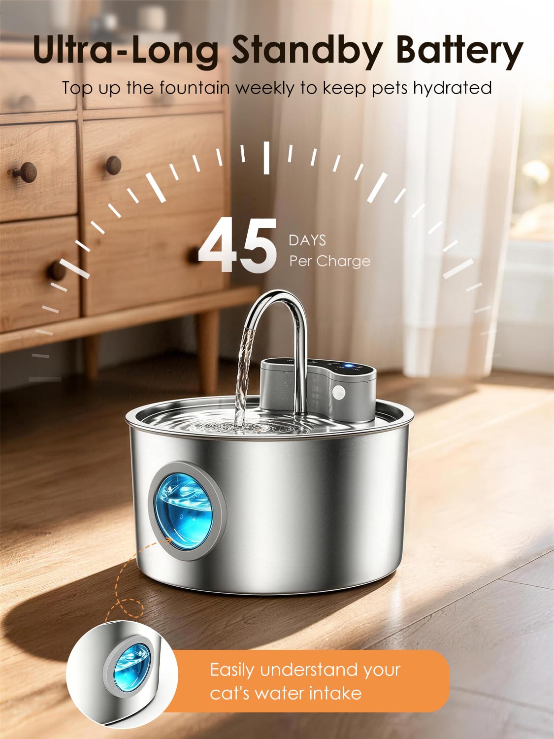 Fontanella Per Gatti Senza Fili, 3.2L Dispenser Acqua Gatti con Sensore