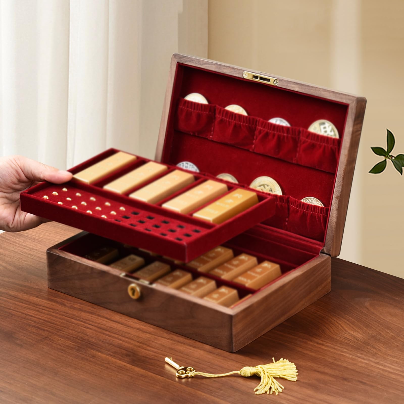 Coin Storage Box, Wooden Display Case with Velvet Divider, Multi-Slot Tray for 10g/50g/100g Bullion & 5cm Commemorative Coins