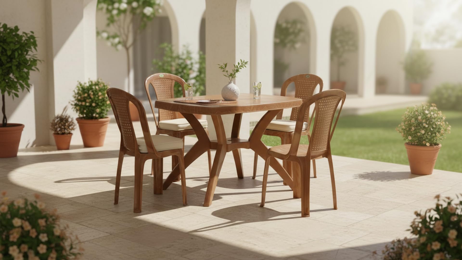 Nilkamal Shahensha Rectangular 4 Seater Virgin Plastic Dining Table Set for Dining Room | Indoor & Outdoor |Home Office | Hotel, Café and Restaurants | 1 Dining Table with 4 Chairs | Color Pear Wood