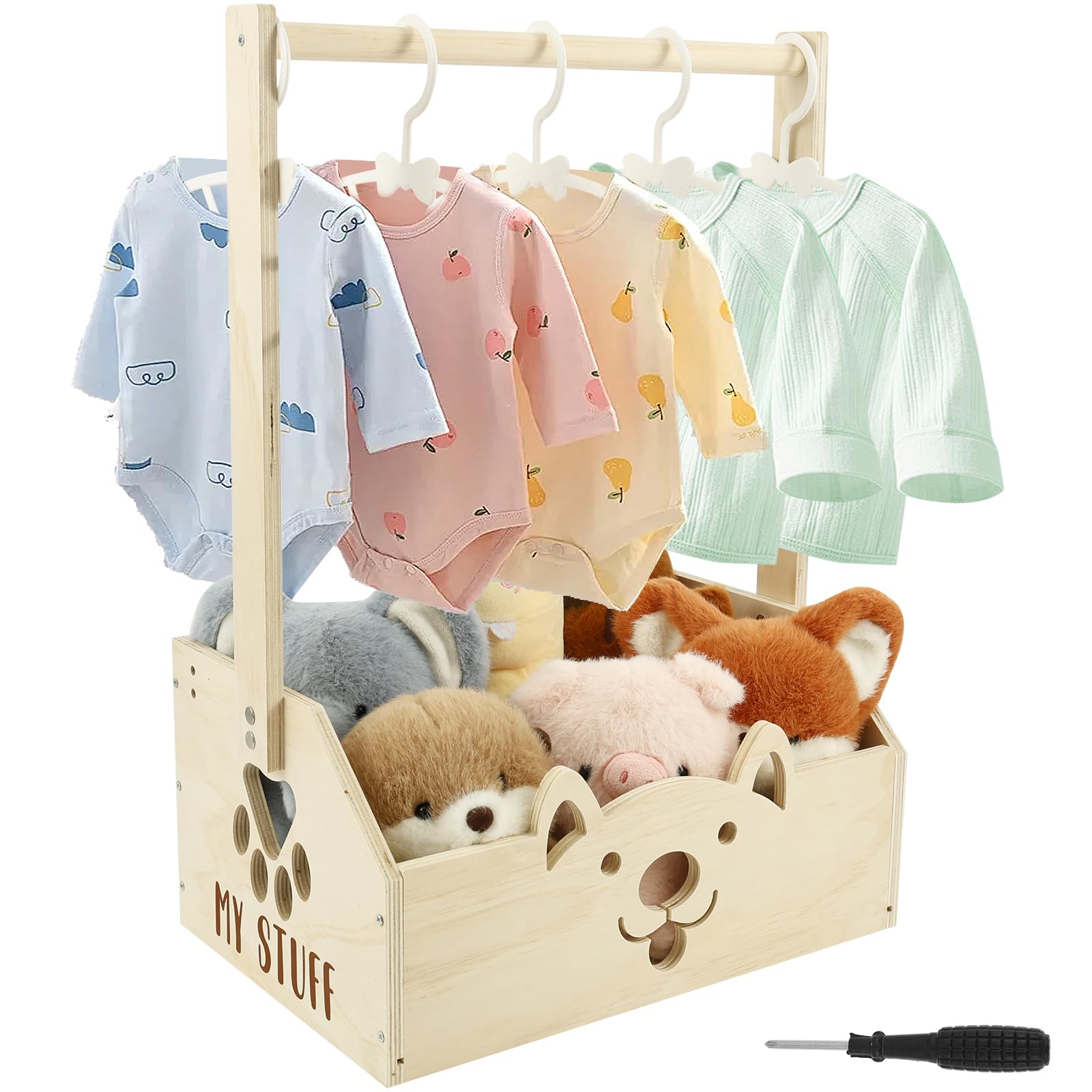 Panier en bois pour bébé avec poignée et 5 cintres pour enfants - Armoire de rangement polyvalente pour bébé - Panier de rangement pour nouveau-né - Pour anniversaire, fête prénatale, Noël, nouveaux