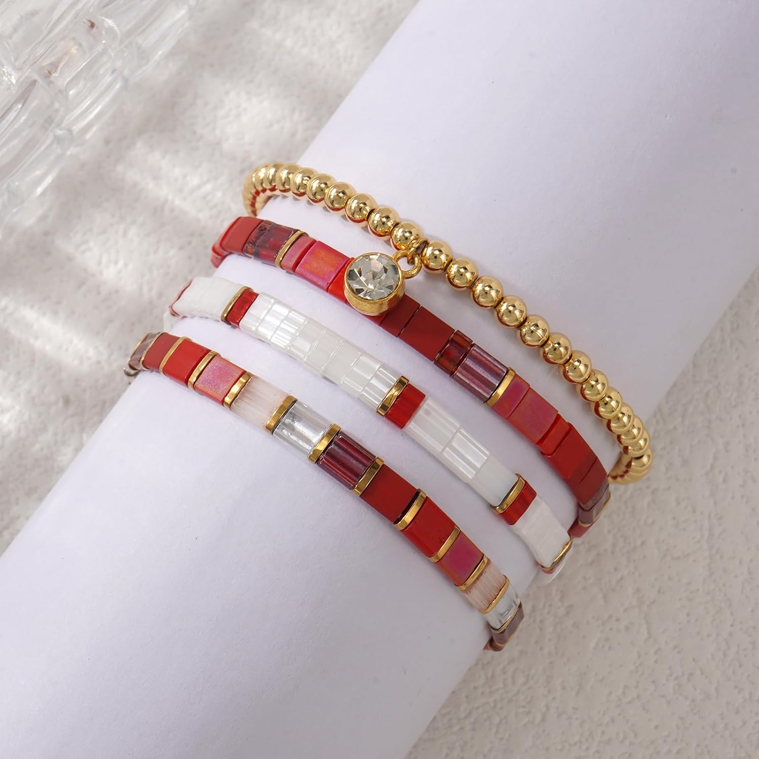 Tila Flat Gold Plated Seed Stretch Beaded 4Pcs Stack Bracelets Set for Women, Trendy Stackable Colorful Square Beads Stack Bracelet Friendship Jewelry Gift - Image 5