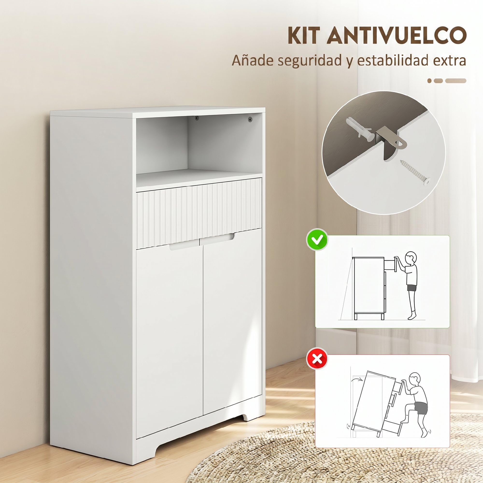 HOMCOM Armario de Baño Estrecho con Estante Ajustable 60x30x91,5 cm Blanco | Mueble de Baño, Cajón de Frontal Acanalado, Estante Abierto, 2 Puertas, Estilo Moderno