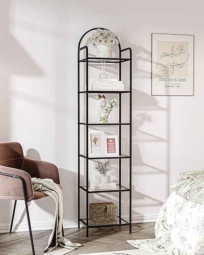 Miniatura 8 de Estantería de vidrio templado, estantería delgada para dormitorio, baño, oficina en casa, marco de acero, negro de 6 niveles BC10601B