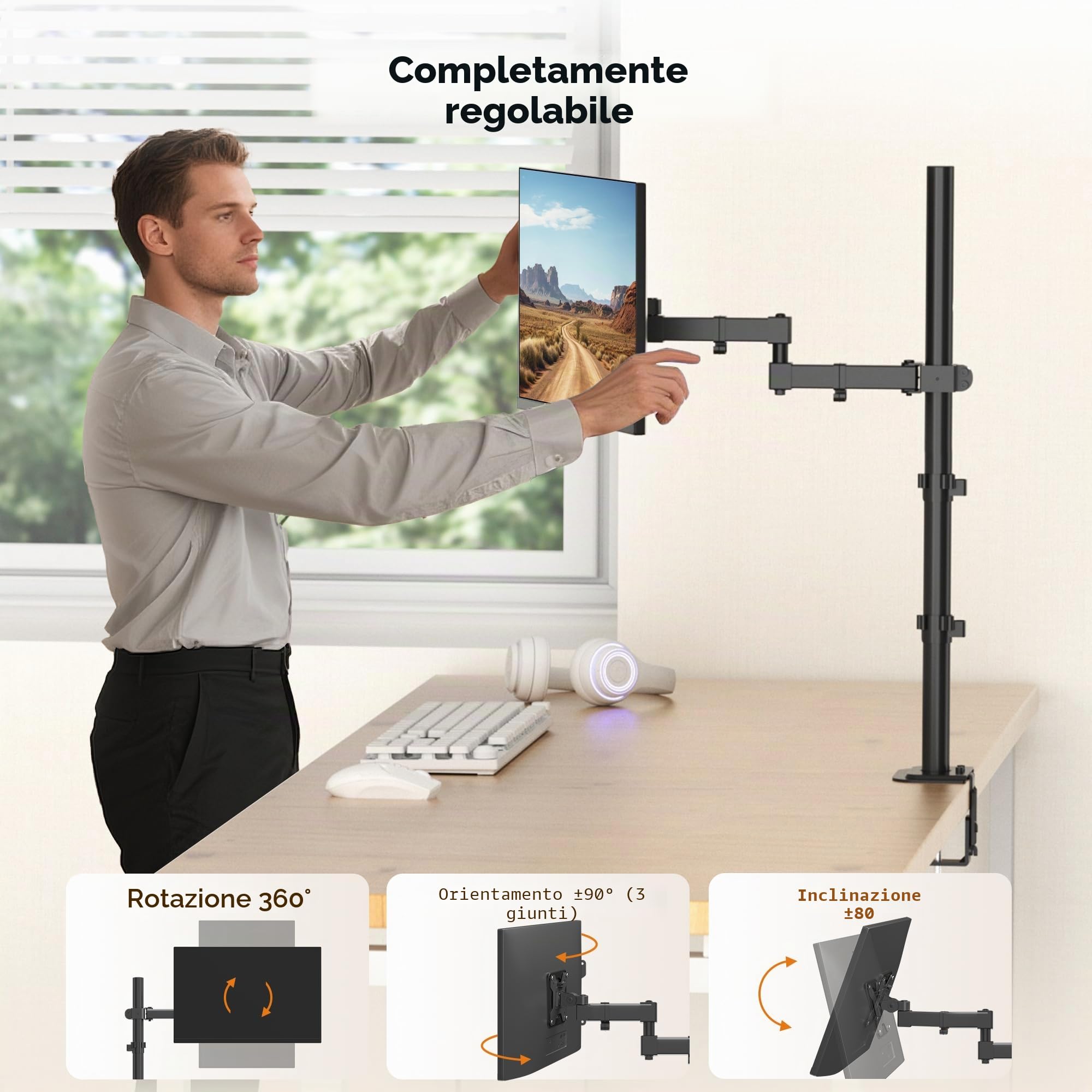 Bracwiser Supporto per braccio per monitor singolo completamente regolabile in altezza 800 mm di altezza per monitor schermo del computer 13 15 17 19 20 22 23 24 26 27 30 32 pollici VESA 75 100 MD7821