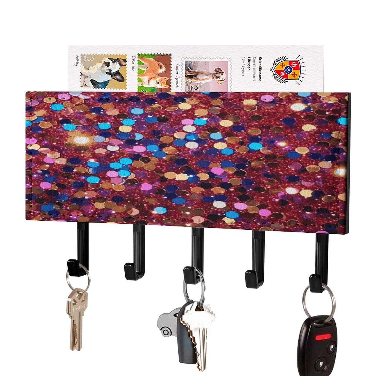 JTREHY Glitter Pattern Key Holder Wall Mount Decorative Key and Mail Holder PU Leather Adhesive Key Organizer Hanging Key Hooks Wall Shelf with 5 Hooks for Entryway Hallway Office
