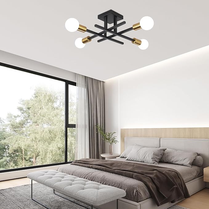 QAREHL Plafondlamp, 4 lampen, kroonluchter, slaapkamer, industriële plafondlamp, hanglamp, woonkamer, plafondlamp, hal, keuken, eetkamer, E27, zwart-goud photo 2
