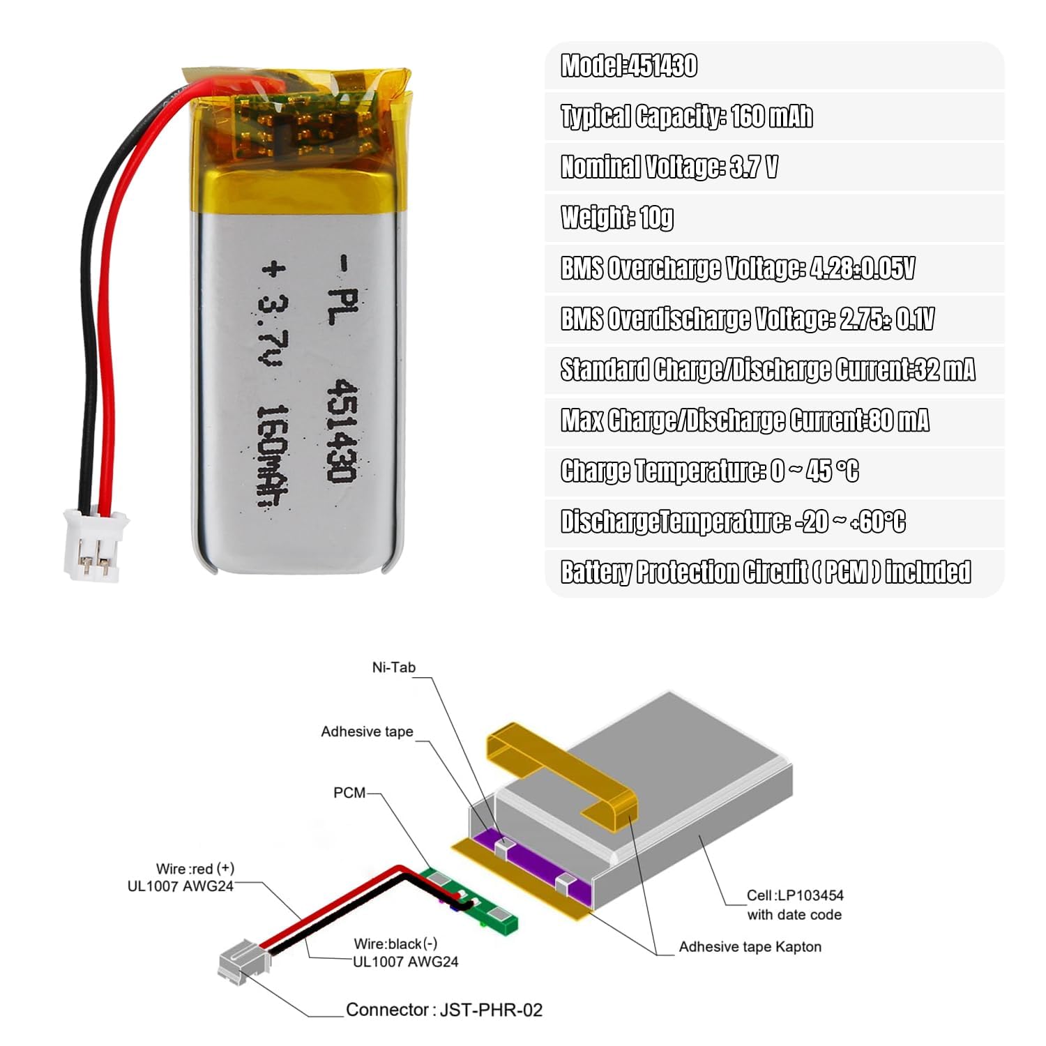 3.7V Lipo battery, 3.7V 160mAh 451430 Lithium Polymer Ion with 2P-PH connection with 2.0 mm pitch — view 6