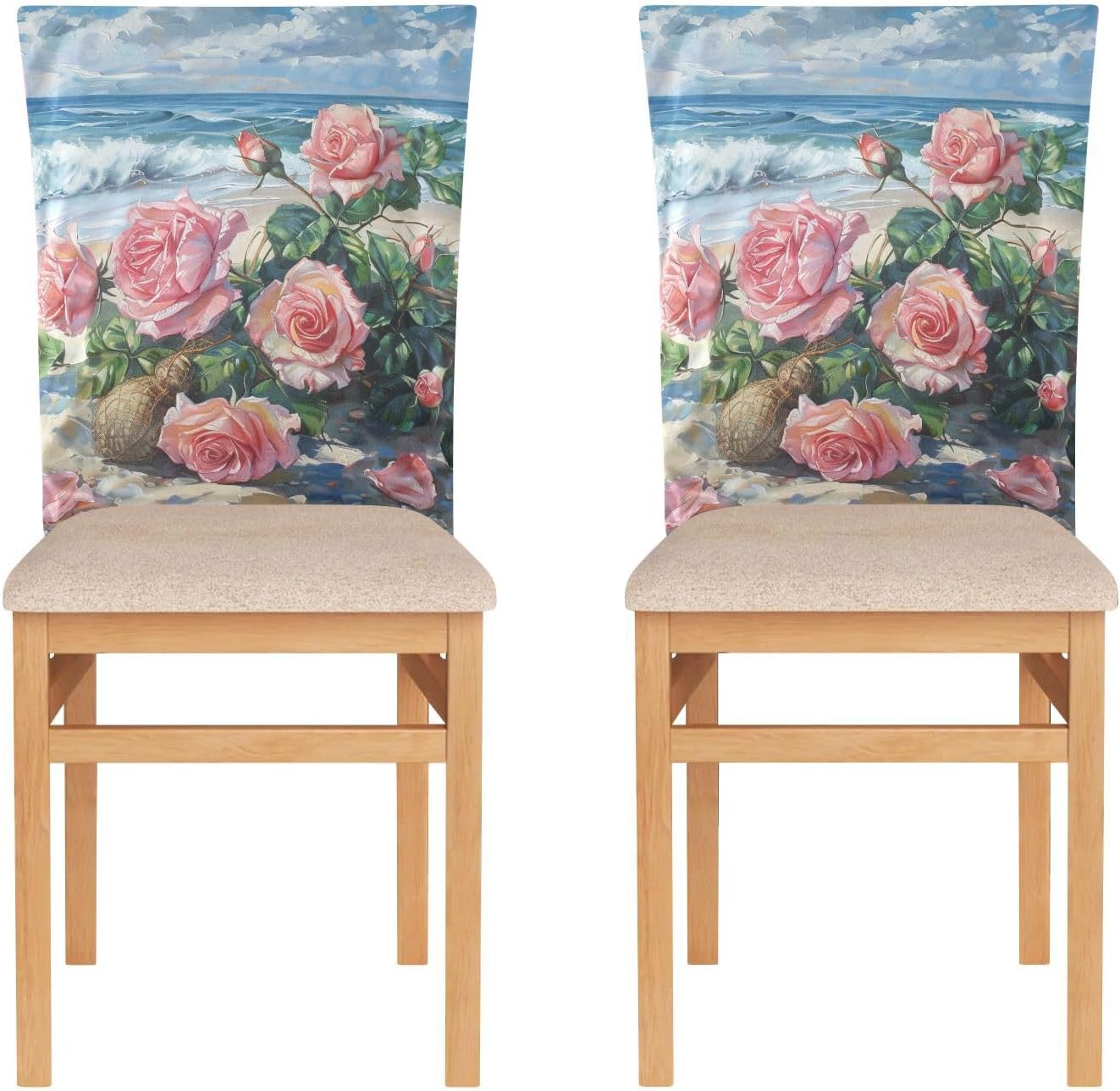 ALAZA Roses on The Summer Beach Chair Back Cover Set of 6, Washable Reusable Removable Chair Slipcovers Decorative Chair Cover for Home Kitchen Wedding Party