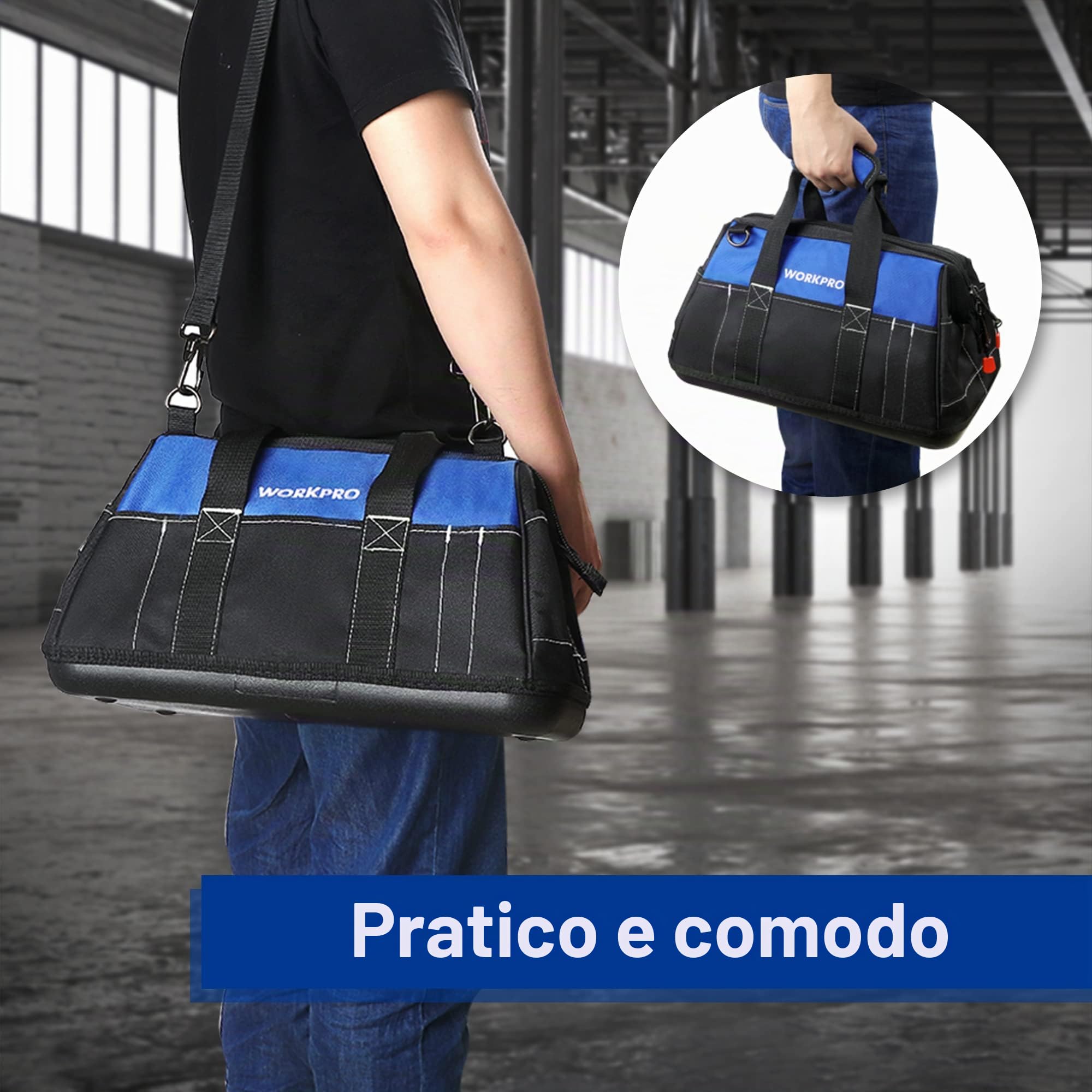 WORKPRO Borsa porta Attrezzi Lavoro a Bocca Ampia 40 x 22 x 26 cm, Multitasche per Impieghi Pesanti, con Base Rigida in Plastica Impermeabile, Portautensili