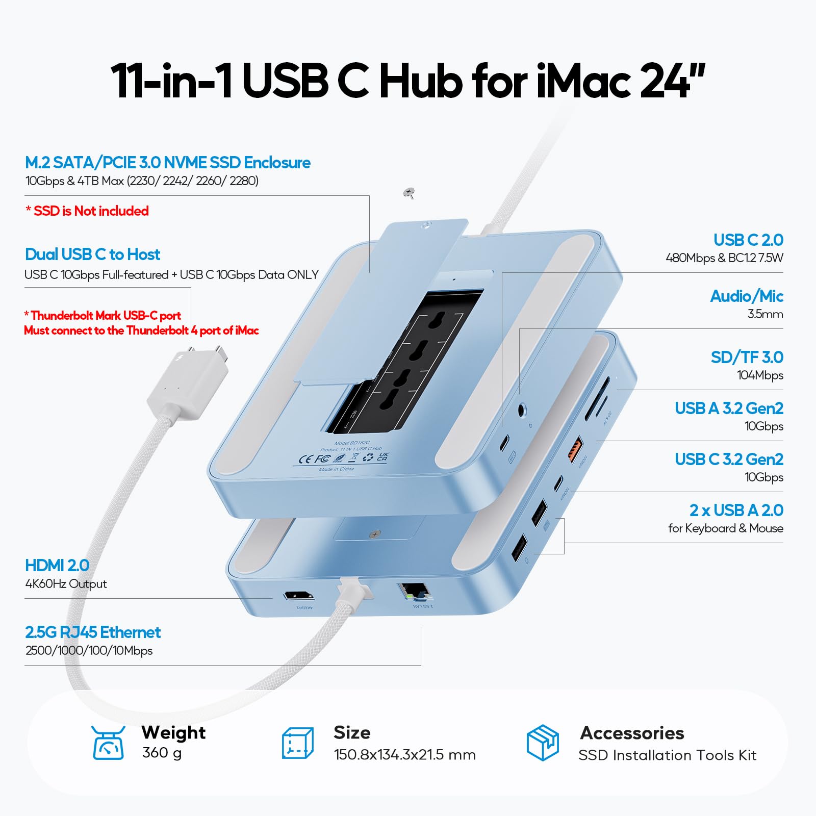 Hub USB-C 11 en 1 pour iMac 24" M1/M3/M4 avec boîtier SSD M.2 NVMe 4 to | PULWTOP iMac Hub pour iMac 24" 2021-2024 avec HDMI 4K@60Hz, 2,5 GbE, USB A/C 3.2 10 Gbit/s, SD/TF, Audio - Bleu