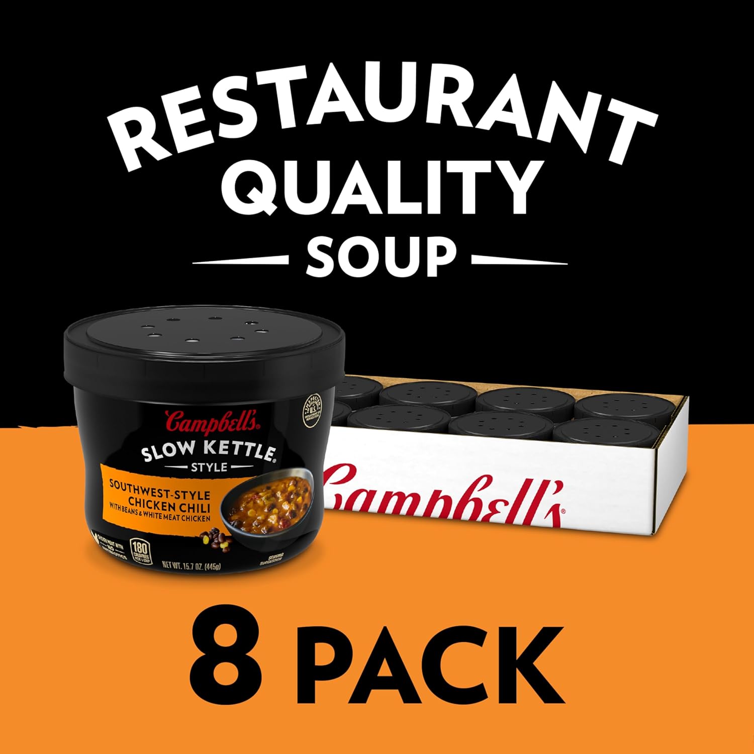 Campbell's Slow Kettle Style Southwest-Style Chicken Chili with Beans and White Meat Chicken, 15.7 oz Microwavable Bowl (Pack of 8)