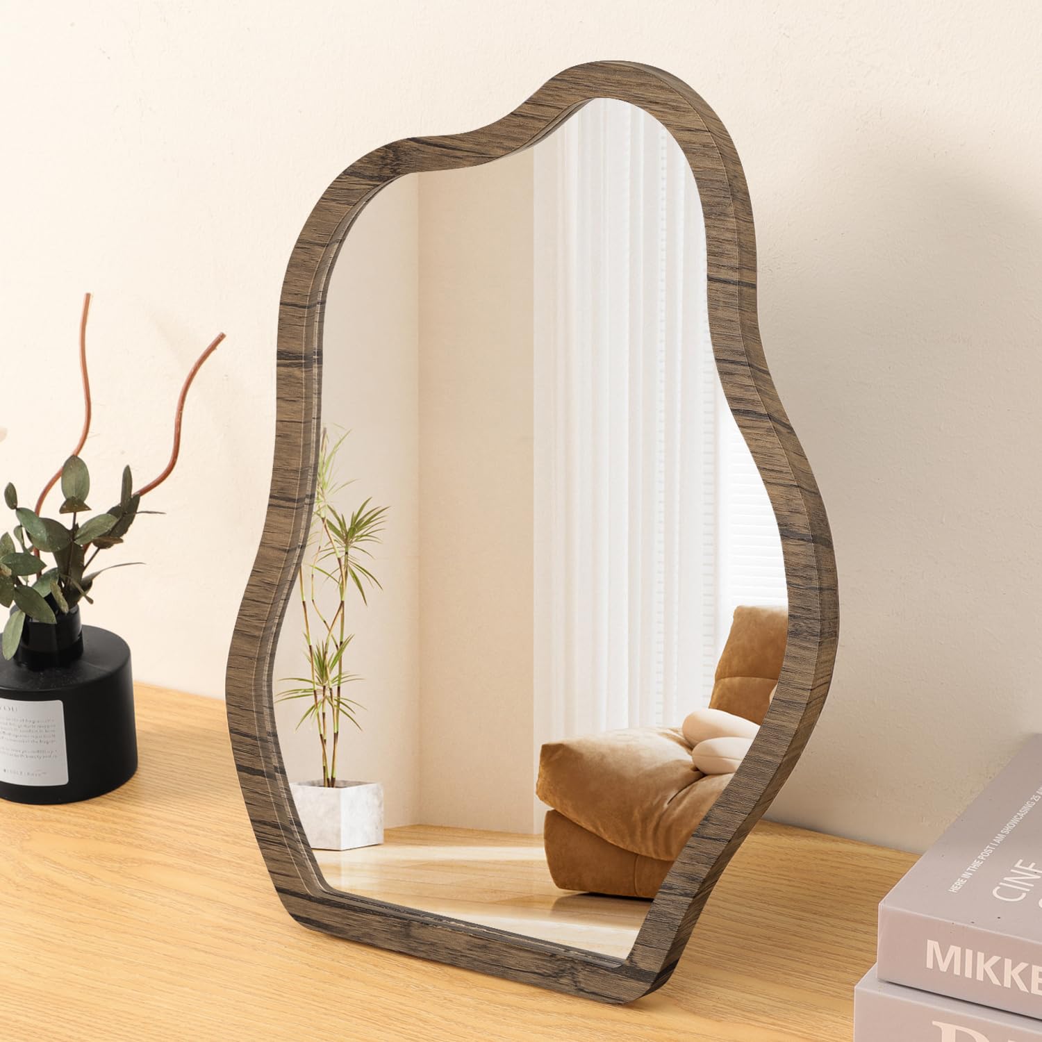 Lzuso Girls Brown Irregular Desk Table Mirror Makeup Wood Framed Tabletop Mirrors Portable High Definition For Countertop Vanity Living Room Bedroom Tabletop Bathroom Desk Mirror Small