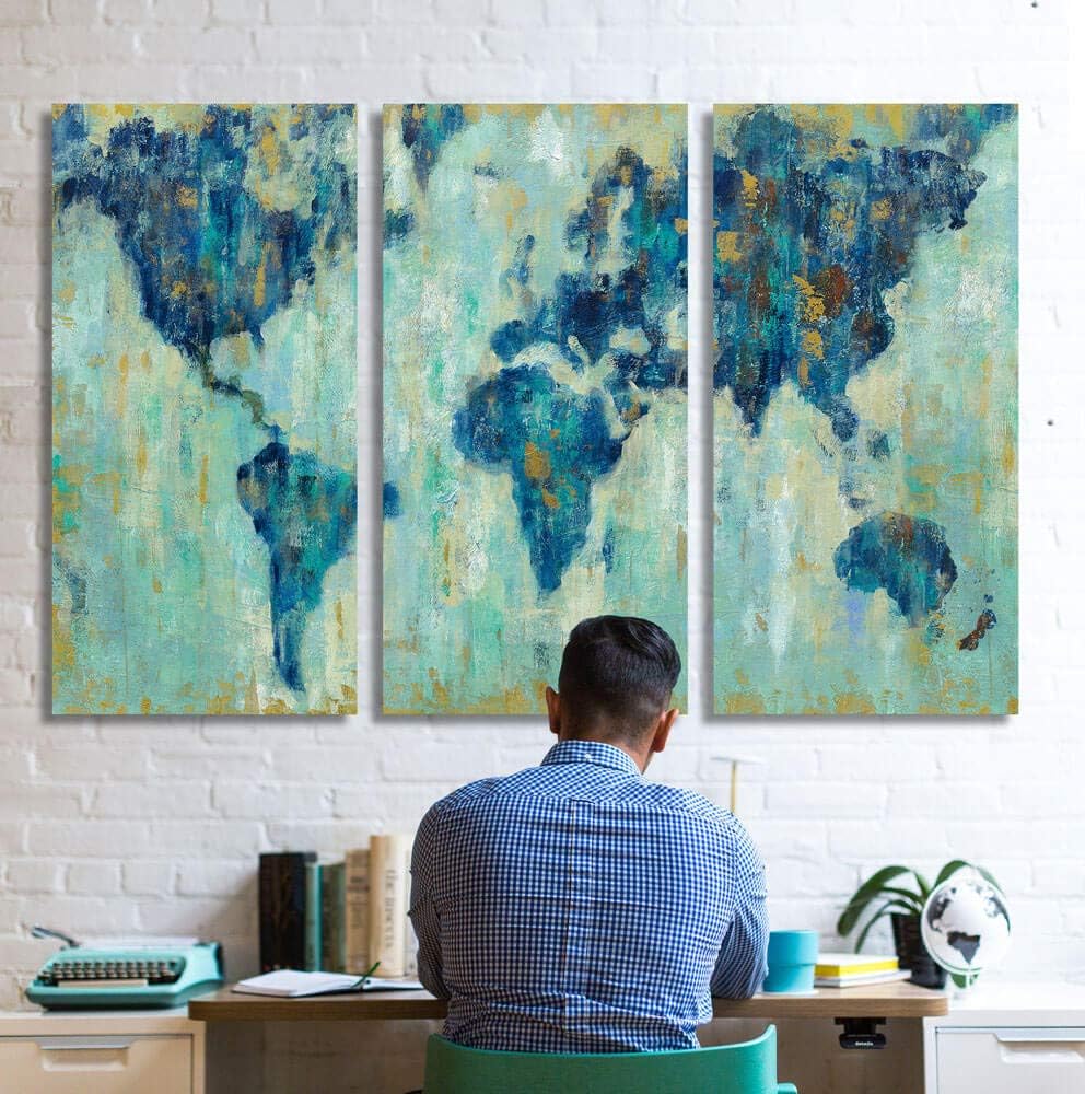 Top Brands gubodasol Large World Map Canvas Prints Wall Art for Living Room Office 16x32x3 Green World Map Picture Artwork Decor for Home Decoration