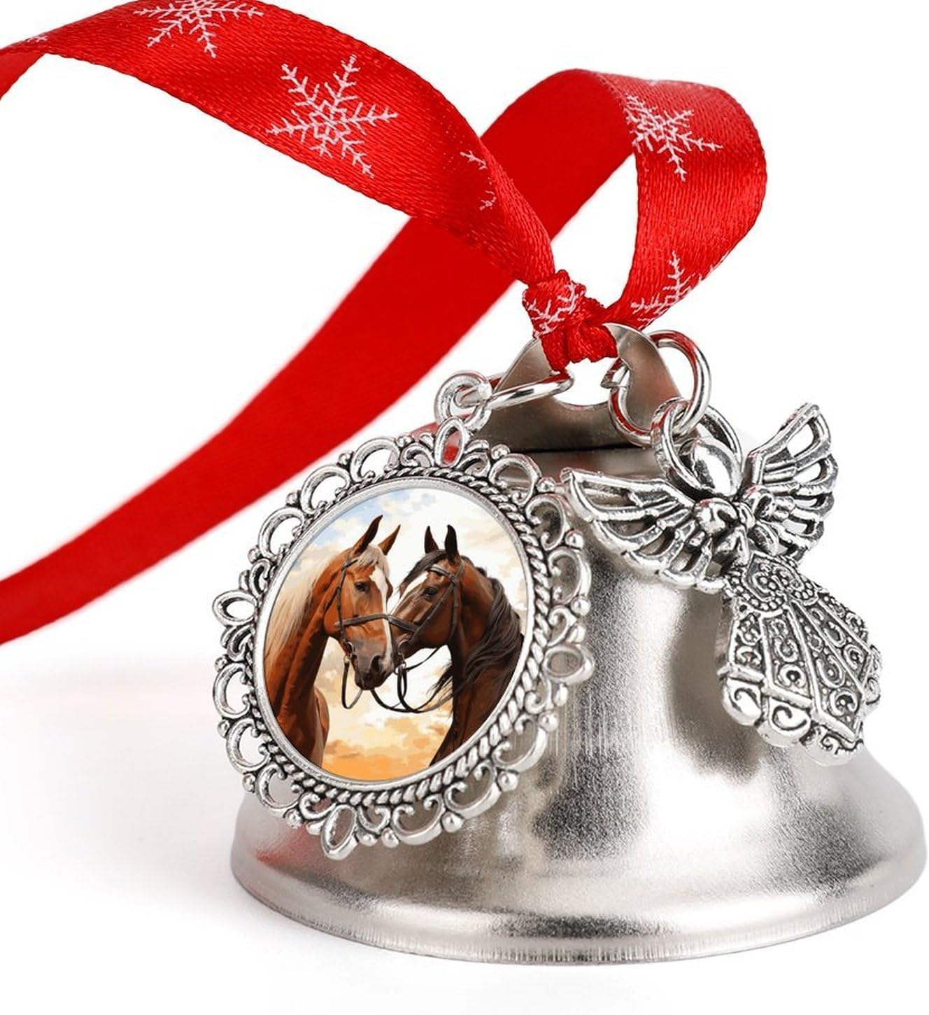 Couple Horse Christmas Bells Ornaments with Wings & Heart Silver Bell Pendant for Christmas Tree Home Door Mantle Fireplace Decoration