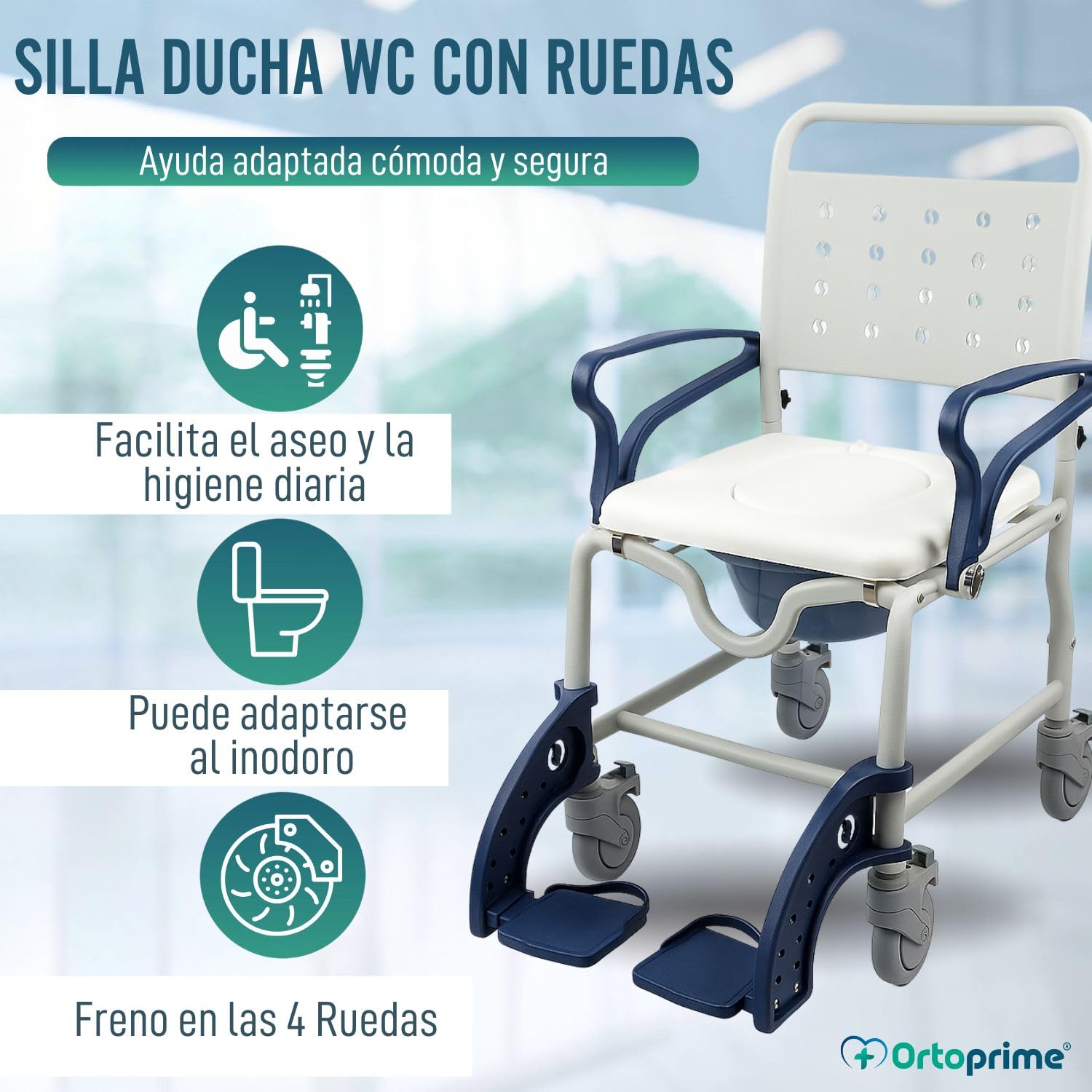 OrtoPrime Silla Ducha WC Personas Mayores Silla Ducha RUEDAS y FRENOS Silla Baño Adultos Brazos y Pies ABATIBLES - Silla wc Baño Portátil Silla Ducha Personas Mayores - Silla de Baño con Inodoro