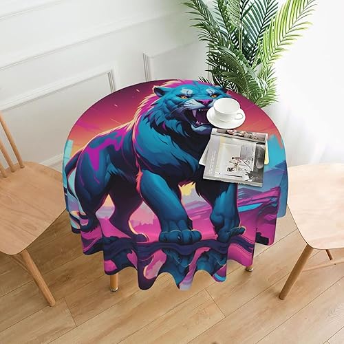 Synthwave Sabertooth Pattern Round Decorative Tablecloth 60 in can be Washed and reused for Round Dining Table