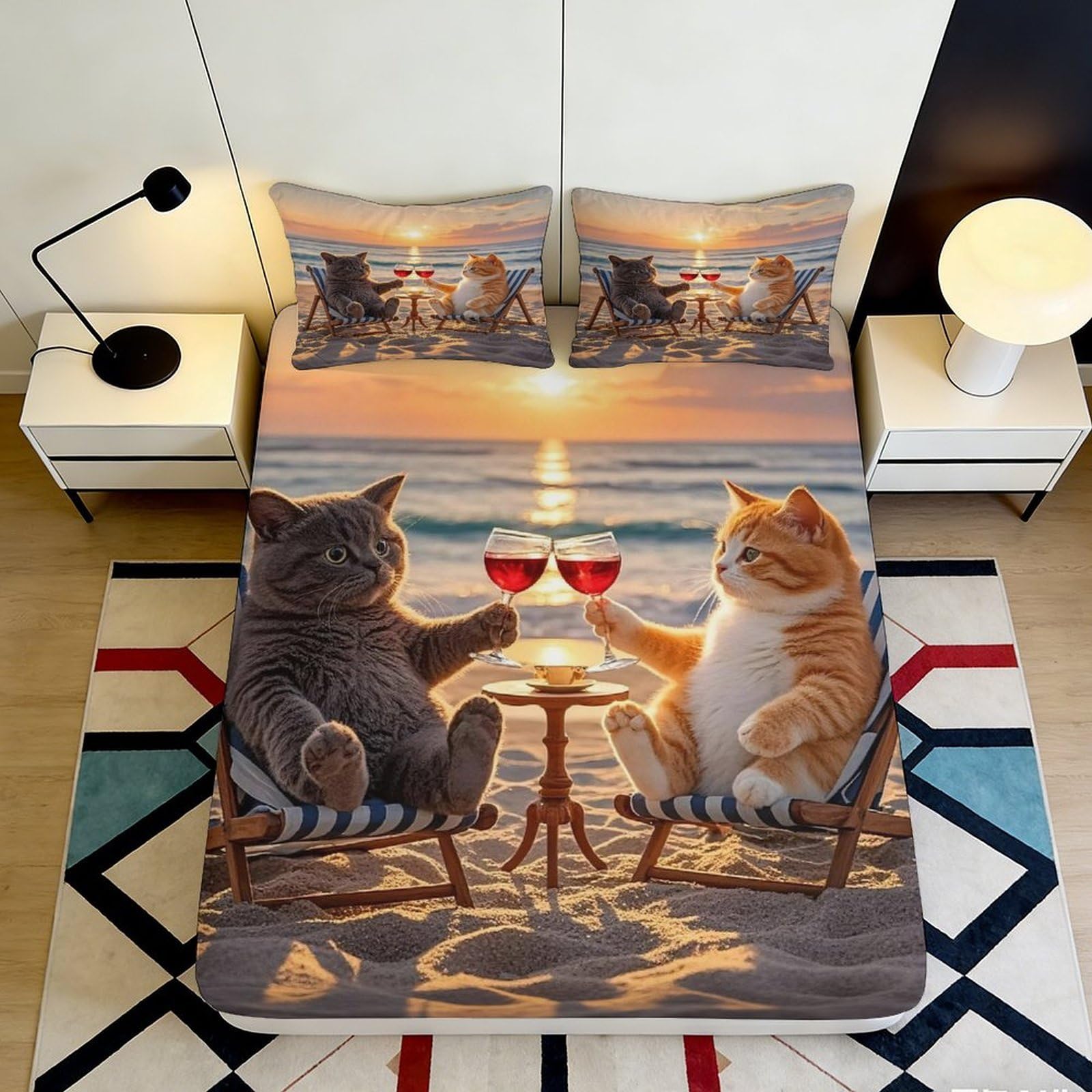 Rqzkjxnhpf Style-8 3D Printed Cat Sunset Fitted Sheet Microfiber Elastic Hem Bedroom Bedding Cat Pattern Mattress Fitted Cover Deep Pocket Full Wrap Washable Non-Slip 200X200x25cm 90X200x25cm