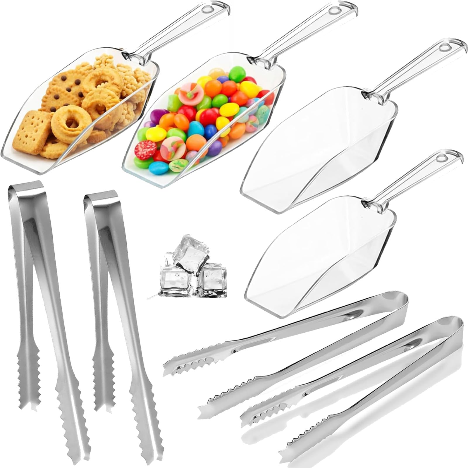 4 PCS Sweet Scoops and 4 PCS Tongs Set, Sweet Scoops for Pick n Mix, Ice Scoop and Sweet Tongs, Ideal for Birthday Parties, Weddings, Thanksgiving, Beach Parties, Cafes, Restaurants, Grocery Stores
