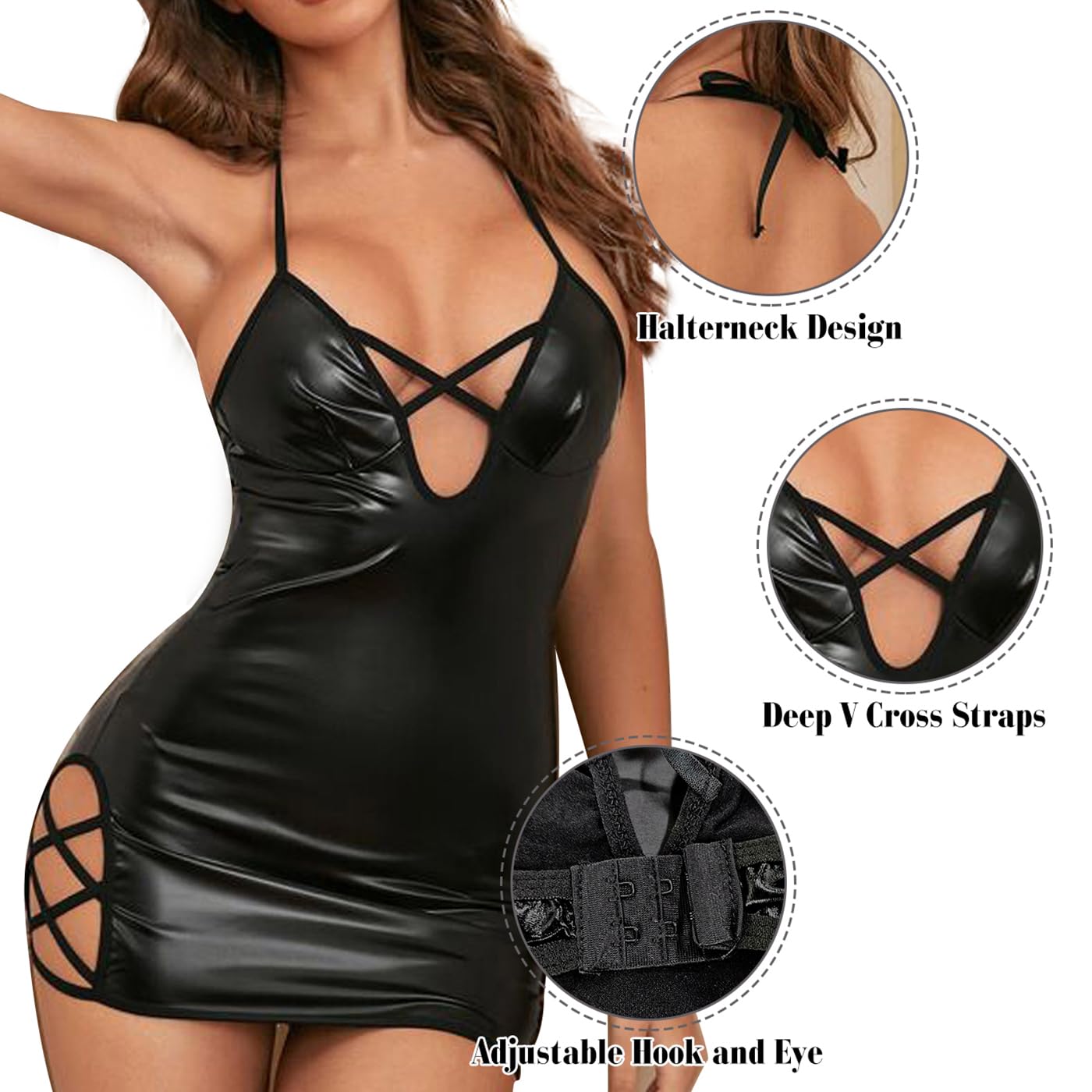 VicSec Sexy PU Leather Dress with Cross Straps Backless Gothic Punk Dress Halter Sleeveless Clubwear Nightwear for Party S Halloween Christmas