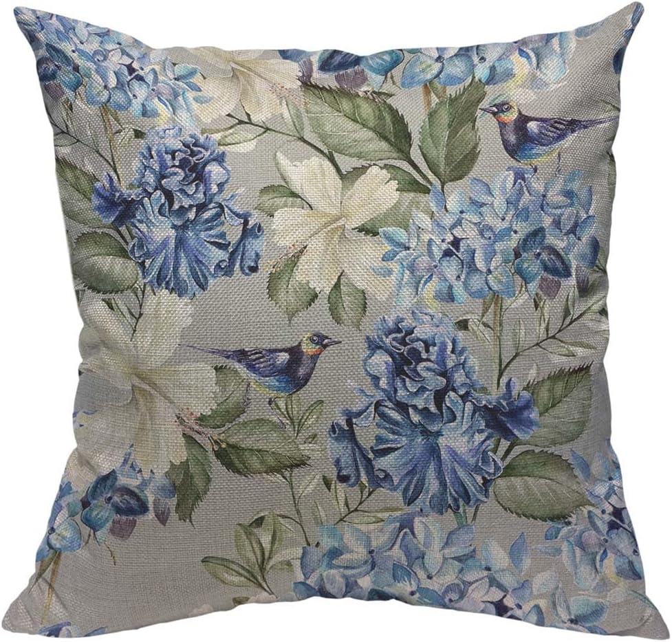 TKS MITLAN Blue Green Floral Pillow Covers 18x18 Inch Spring Plant Flowers Hydrangea Hibiscus Iris Bird Leaf Decorative Throw Pillow Covers Cushion Case for Home Sofa Couch Decoration