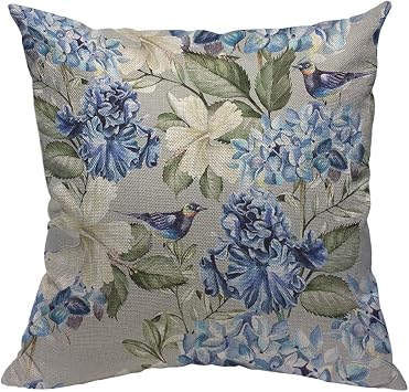TKS MITLAN Blue Green Floral Pillow Covers 18x18 Inch Spring Plant Flowers Hydrangea Hibiscus Iris Bird Leaf Decorative Throw Pillow Covers Cushion Case for Home Sofa Couch Decoration