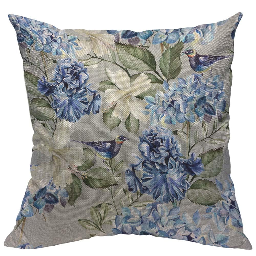 TKS MITLAN Blue Green Floral Pillow Covers 18x18 Inch Spring Plant Flowers Hydrangea Hibiscus Iris Bird Leaf Decorative Throw Pillow Covers Cushion