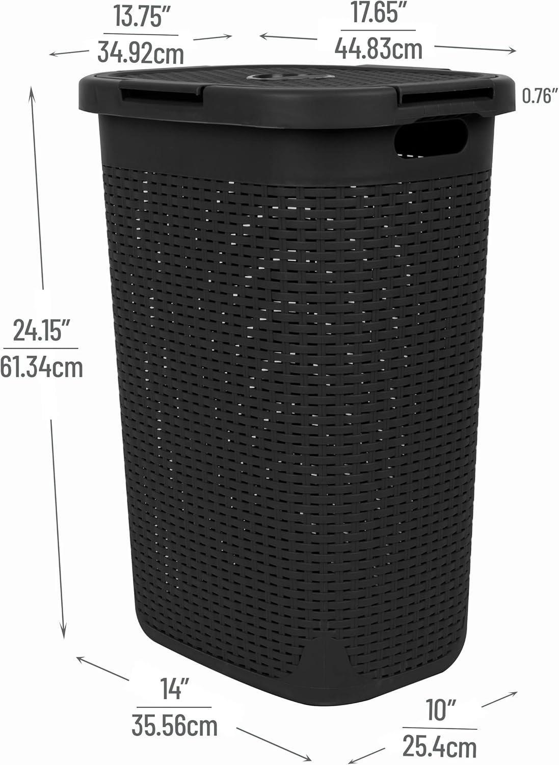 Mind Reader 60L Slim Laundry Hamper, Clothes Basket, Lid, Wicker Design, Plastic, 17.65"L x 13.75"W x 24.15"H, Black
