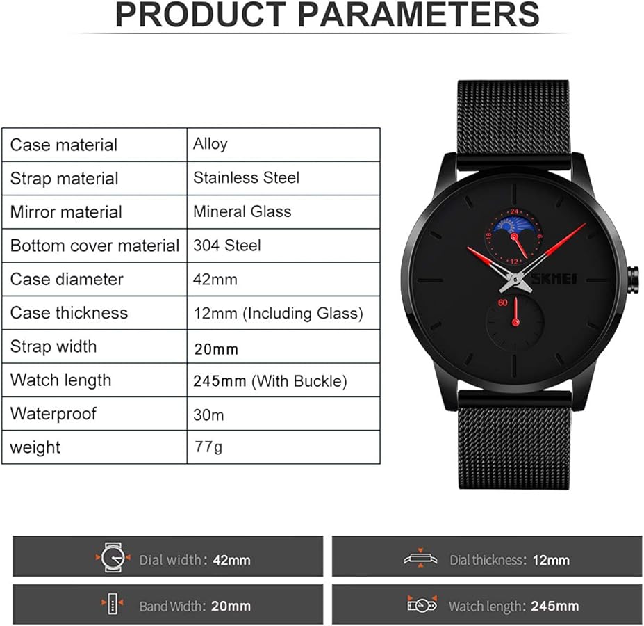 SKMEI Orologio Da Uomo Minimalista Sottile, Impermeabile, Analogico Con Fasi Lunari E Datario, Design Elegante E Semplice