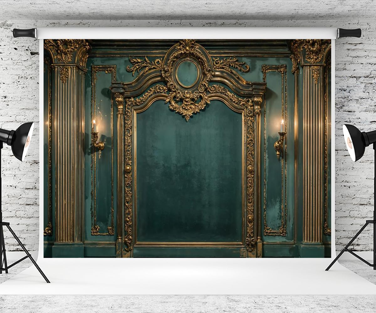 Kate 7×5ft Green Medieval Wall Backdrop Photography Vintage Roman Columns Gold Candles Elegant Portraits Maternal Birthday Party Banner Background Photography Studio Props Photos Videos