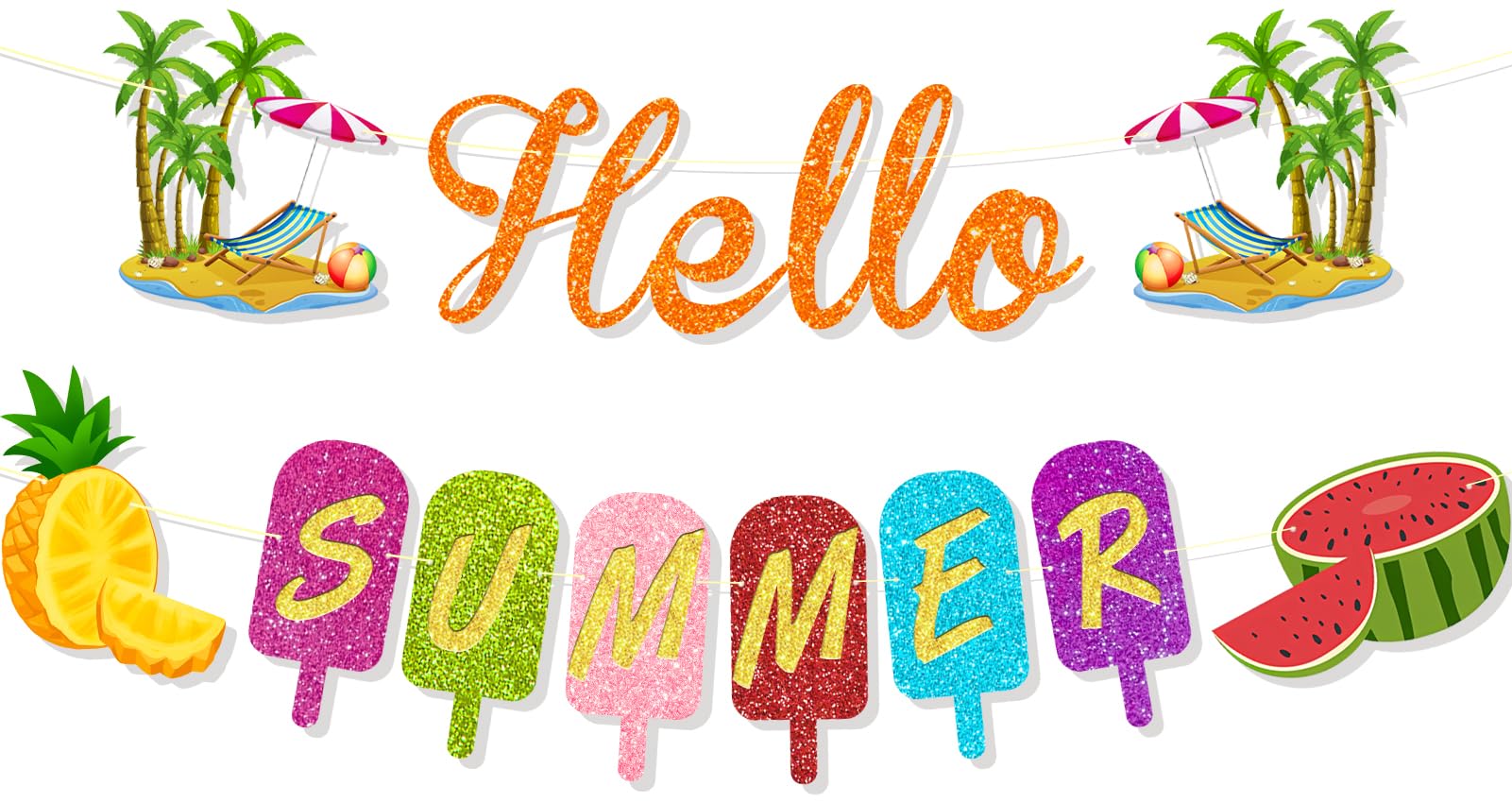 Ushinemi Glitter Summer Party Decorations, Colorful Hello Summer Banner Hawaiian Ice Cream Popsicle Summer Party Supplies for Home Mantle Fireplace