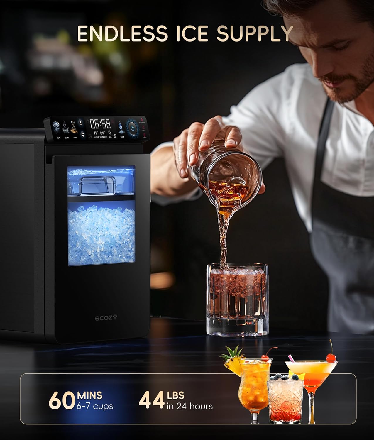 Man pouring a drink with a glass full of nugget ice from the ecozy ice maker