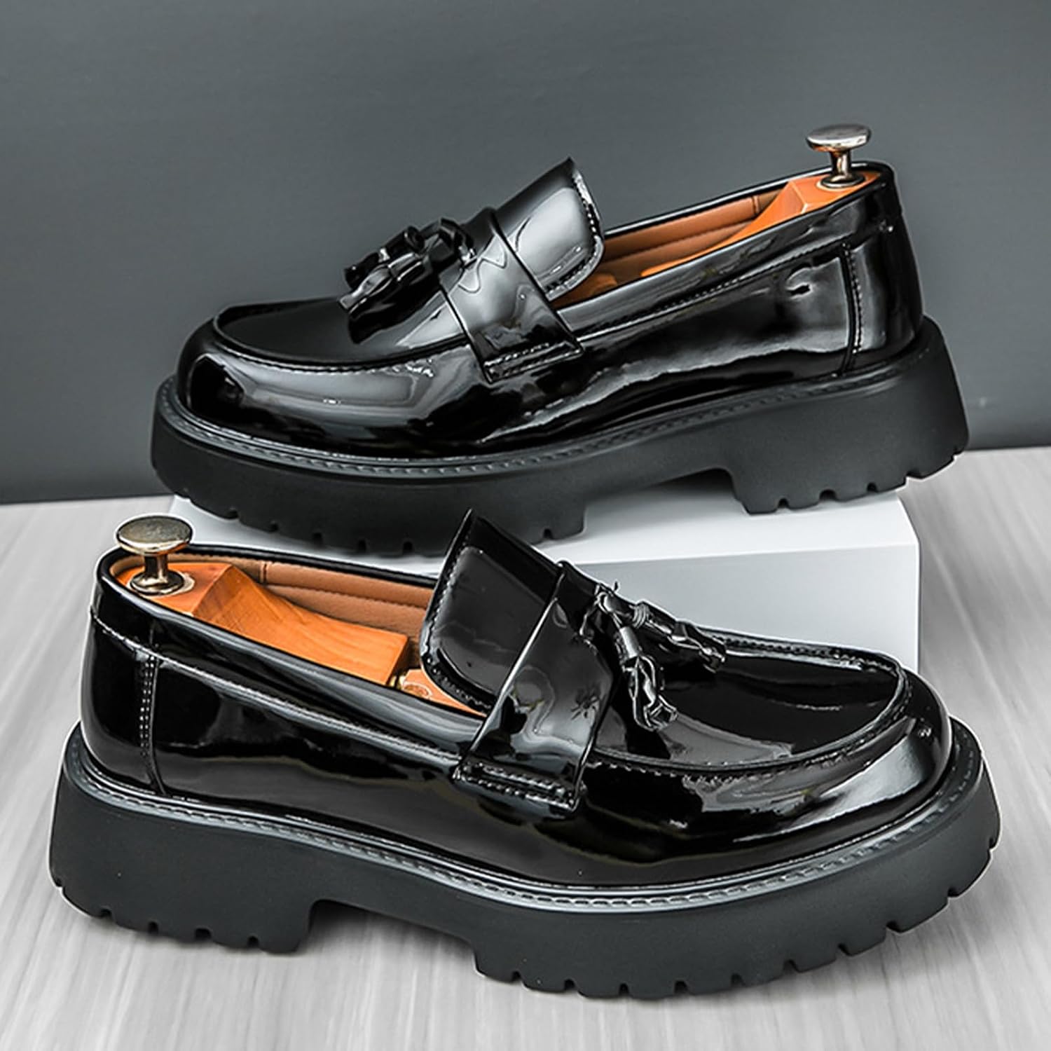 Men's Round-Toe Platform Chunky Slip-On Loafers, Fashionable Business Casual Formal Work Shoes, with Tassel, Sparkling Rhinestones, Non-Slip Lug Sole