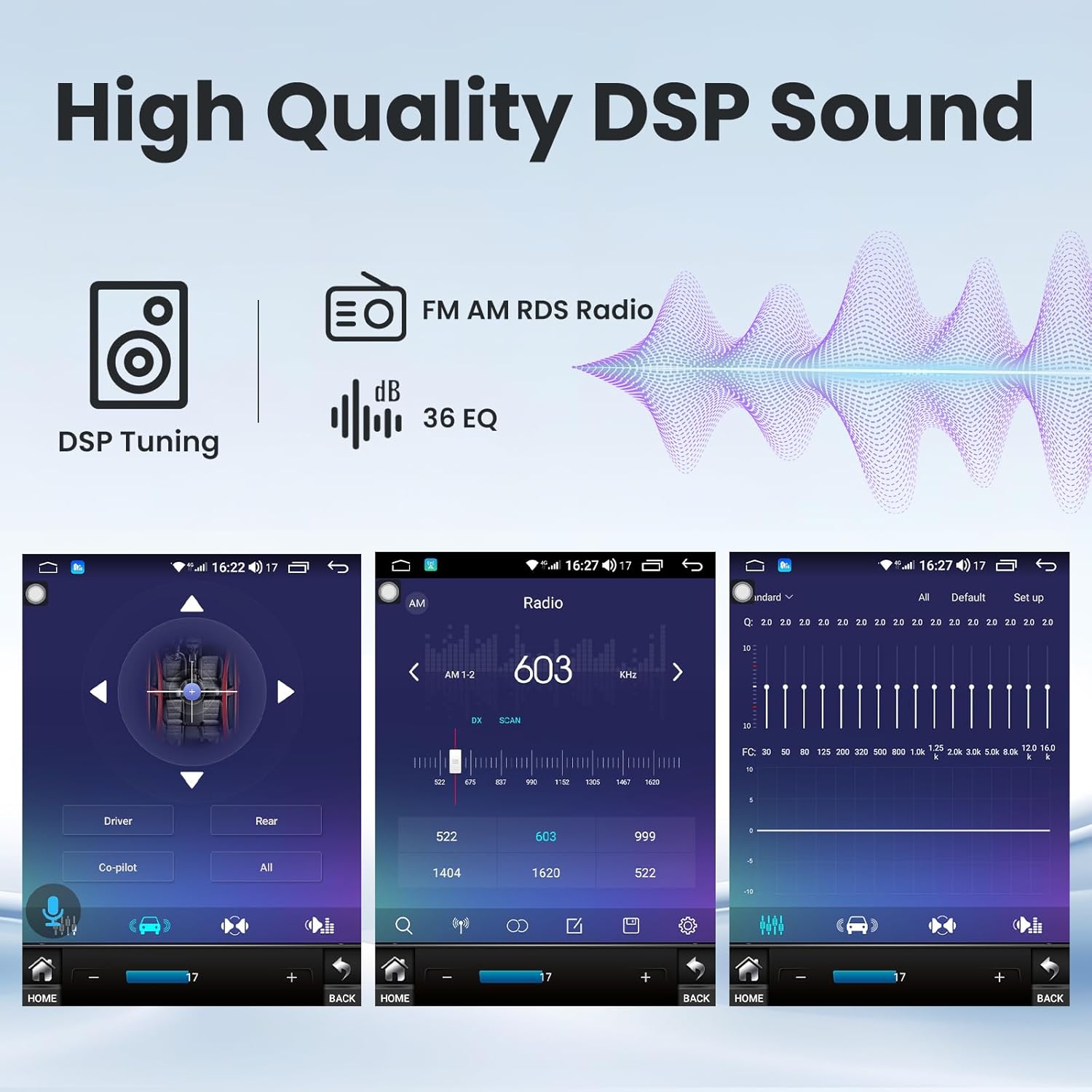 DSP sound settings and FM AM RDS radio on Jufodrca car radio