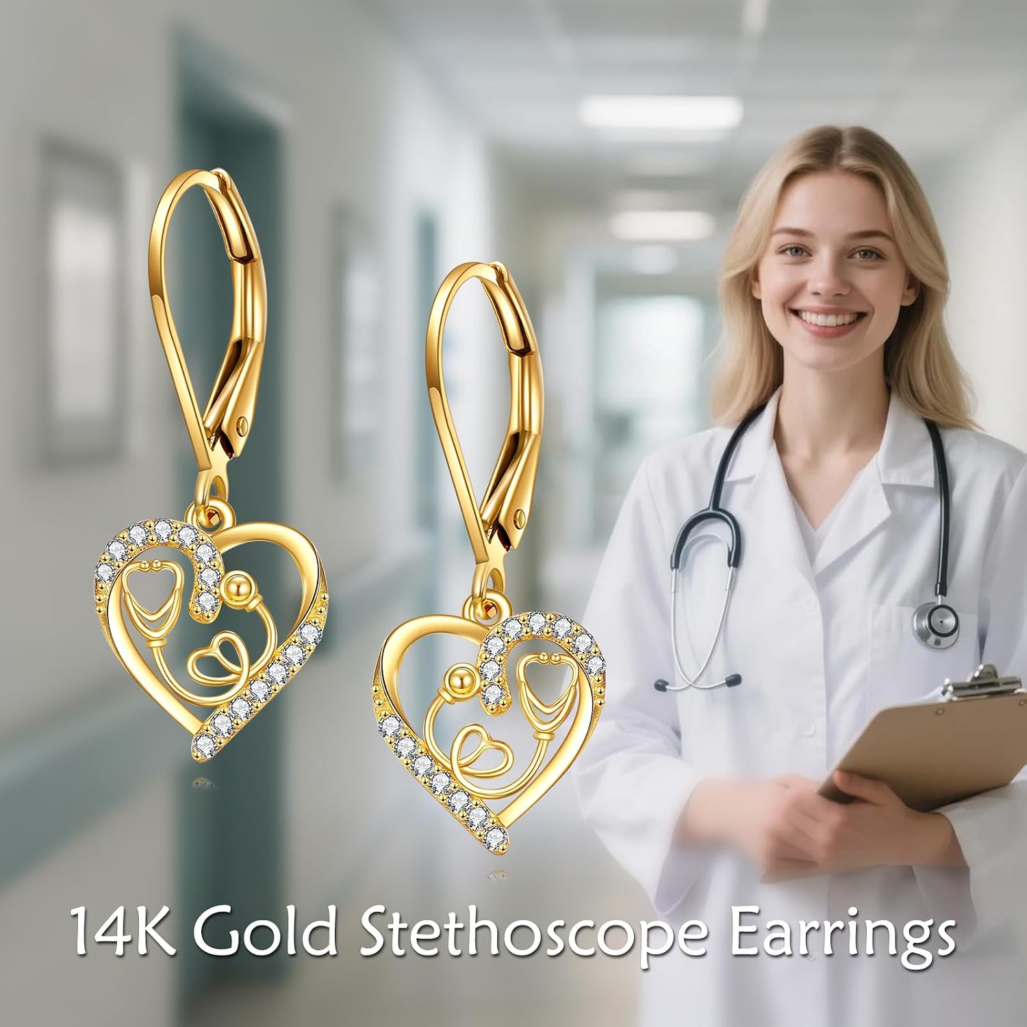 KECHO 14K Solid Gold Nurse Gifts for Women Heart Stethoscope Nurse Earrings Stethoscope Pendant Necklace Graduation Birthday Christmas Jewelry Gifts for Doctor Nurse Medical Student