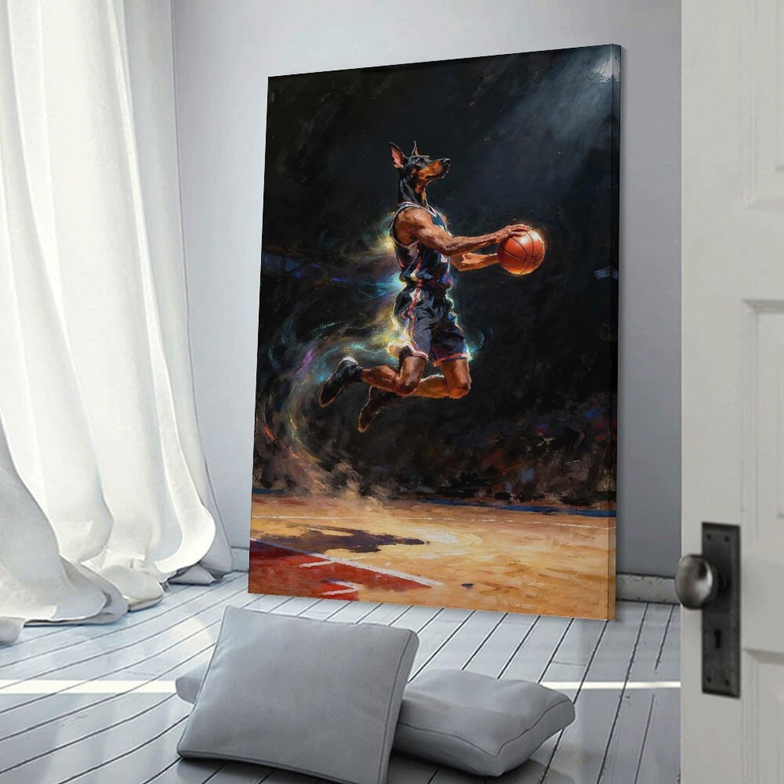 Junmoney Dog Basketball Player Dunking Home Decor Wall Art 24x36inch(60x90cm), for Living Room, Bedroom Or Home Office, Decorative Present for New Homes