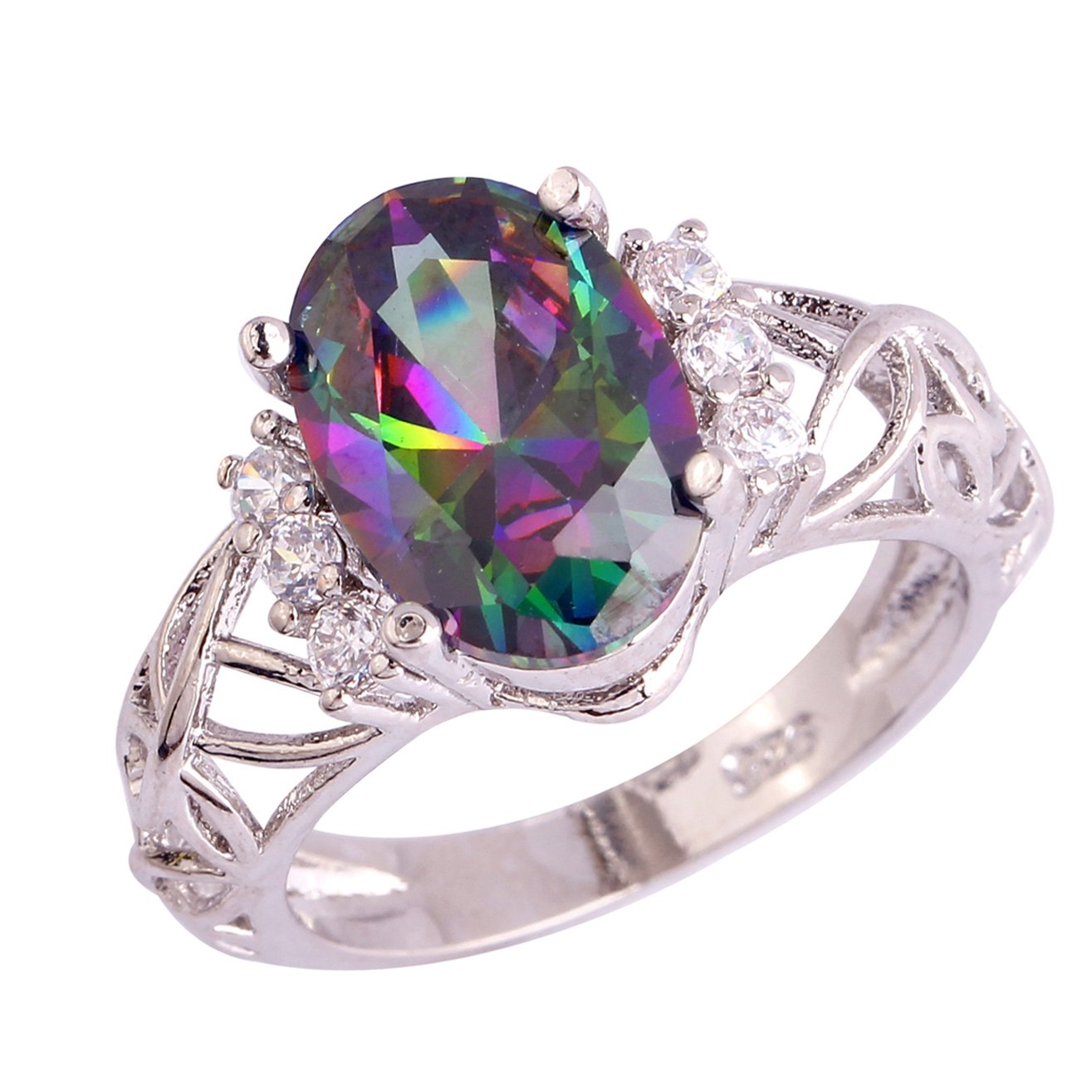 Emsione 925 Silver Plated Created Rainbow Topaz Womens Ring