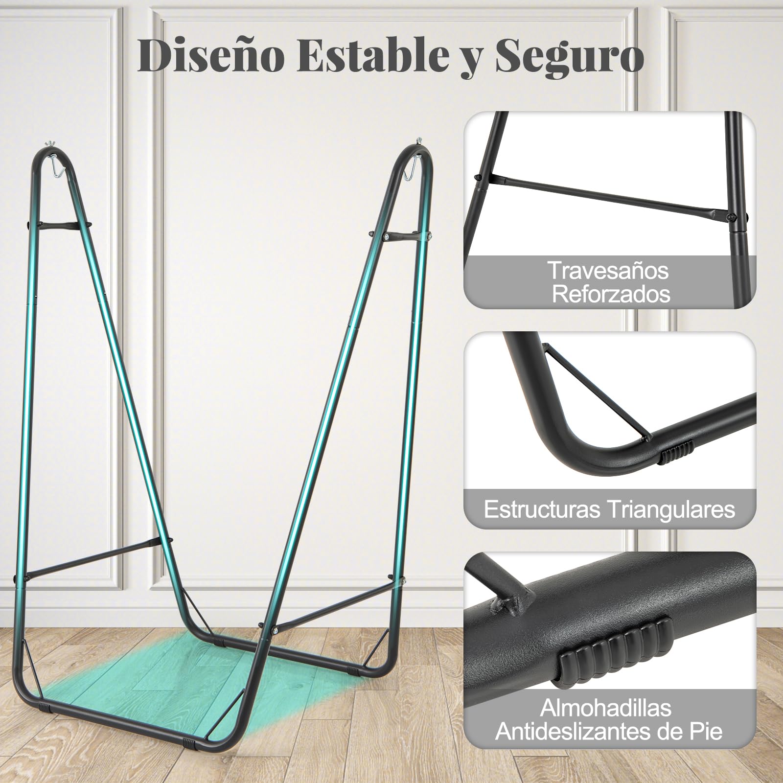 COSTWAY Silla Hamaca con Soporte, Silla Colgante con Estructura Metálica y Bolsillo de Almacenamiento Lateral, Carga de 120 kg, Hamaca Columpio Interior Exterior para Salón Dormitorio Patio