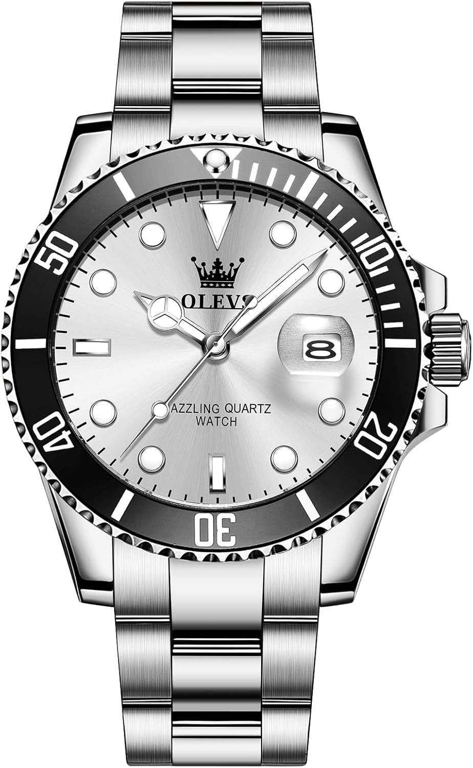 OLEVS Men's Stainless Steel Watch, Big Face Easy to Read Analog Quartz Dress Watches, Classic Rotating Bezel Waterproof Luminous Hands Date Mens Wristwatch