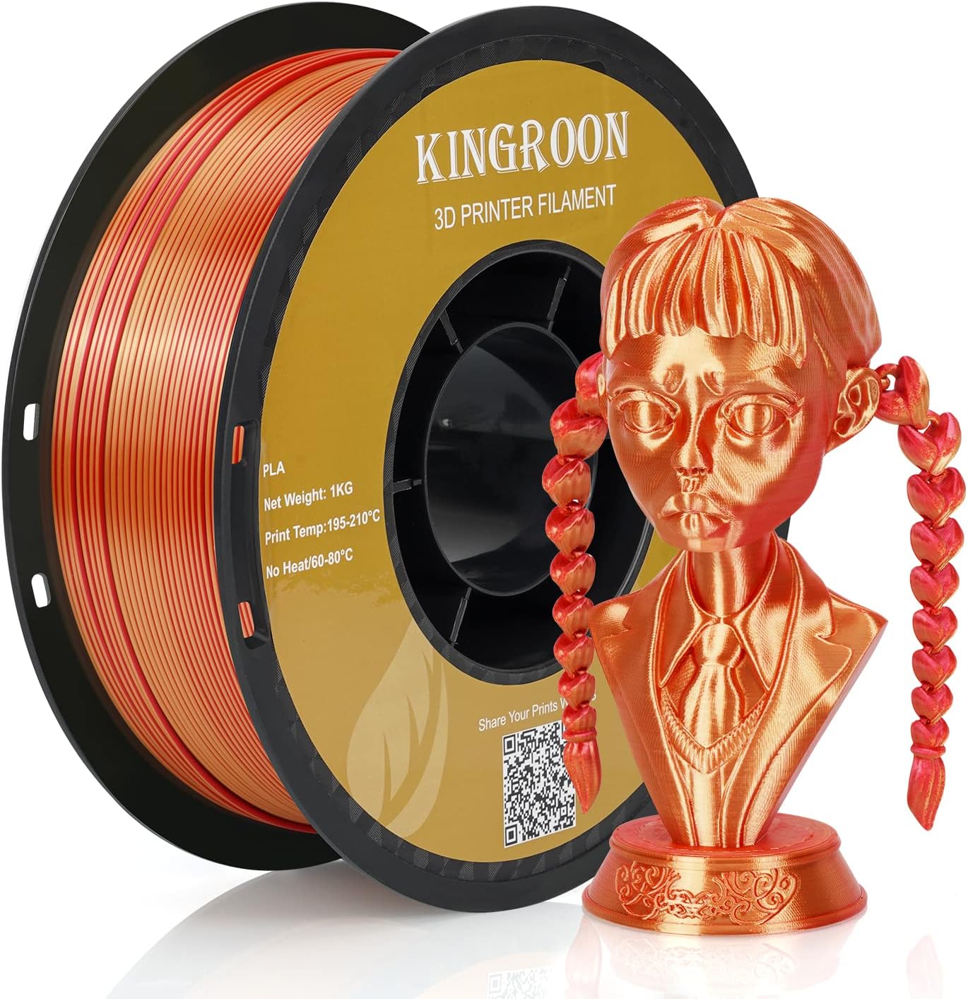 KingroonPLA 3D Printer Filament, Dual Color Silk PLA Filament, Dimensional Accuracy +/- 0.03 mm, 1 kg Spool(2.2lbs), 1.75 mm, Red Gold