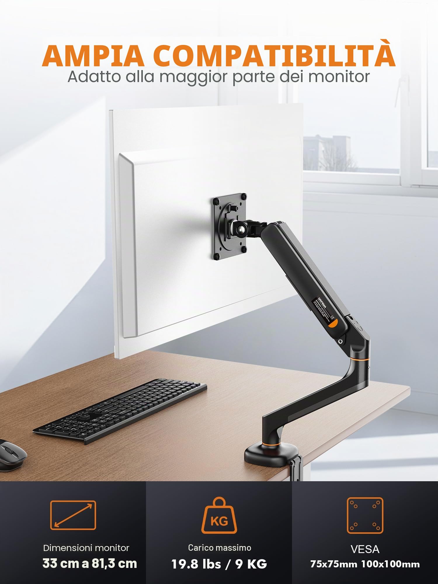 Ibergrif Supporto Monitor da Scrivania per Schermi da 13-32", Braccio di Monitor Regolabile in Altezza con Molla a Gas, Inclinazione, Girevole, Rotazione, Gestione dei Cavi, VESA 75/100 mm -Nero