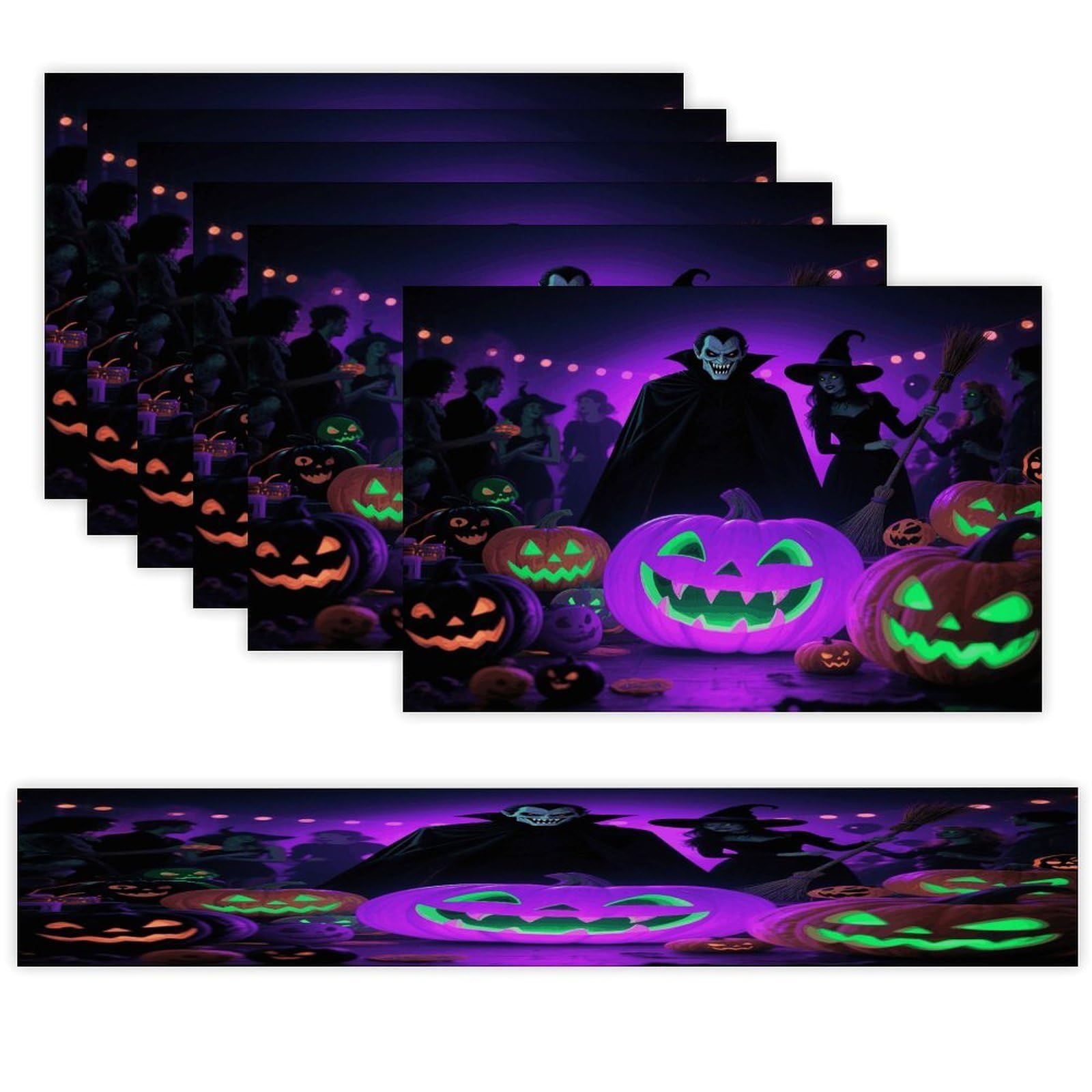 Art Halloween Table Runner and Placemats Set of 7 Linen Table Mat Non-Slip Place Mats Washable Placemat Heat Resistant Place Mat with Table Runner for Party Dining Decor
