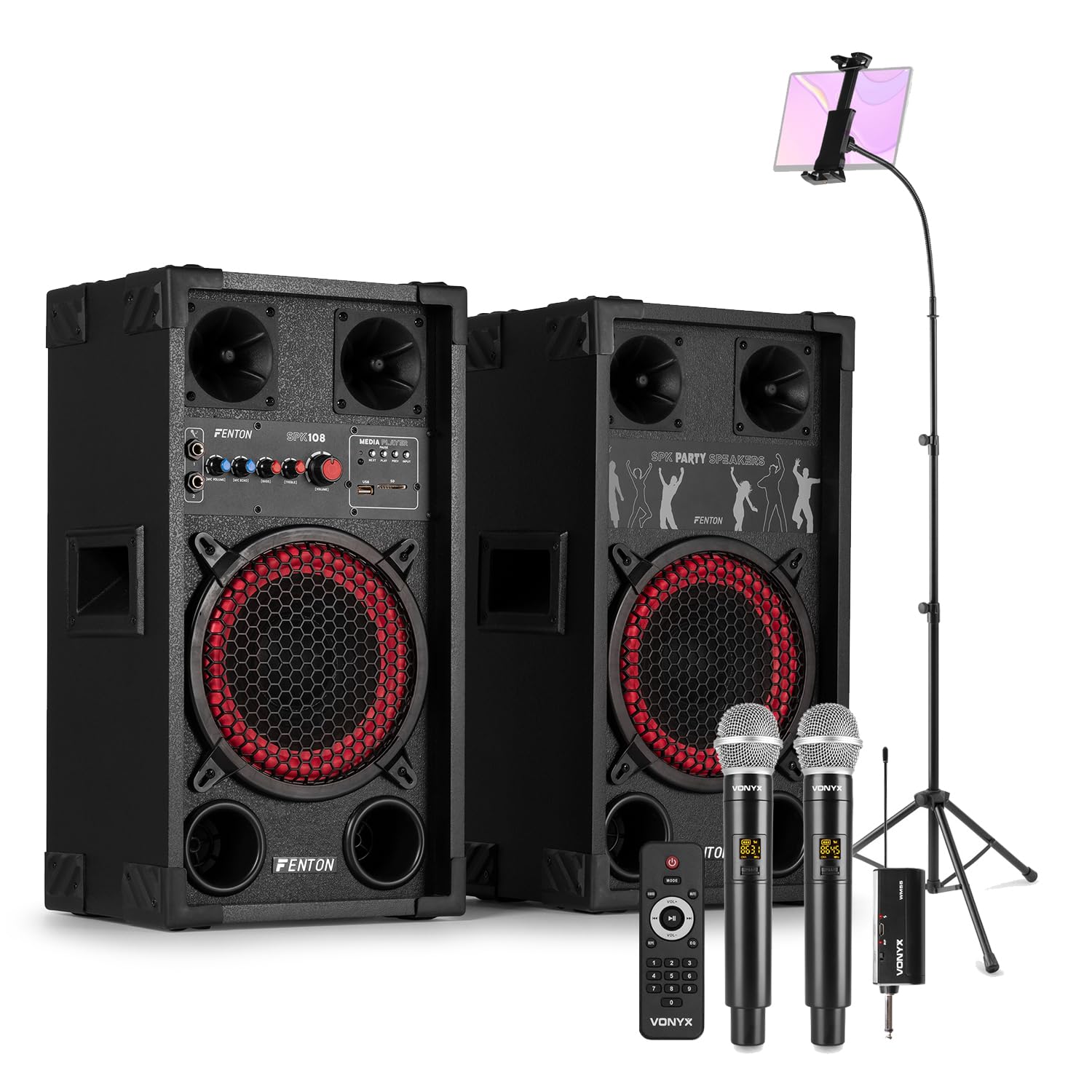Fenton SPK-108 Bluetooth Karaoke Machine for Adults - Complete Home Karaoke Kit with Dual Wireless Microphones, Integrated Tablet Stand & 400W Active Speakers