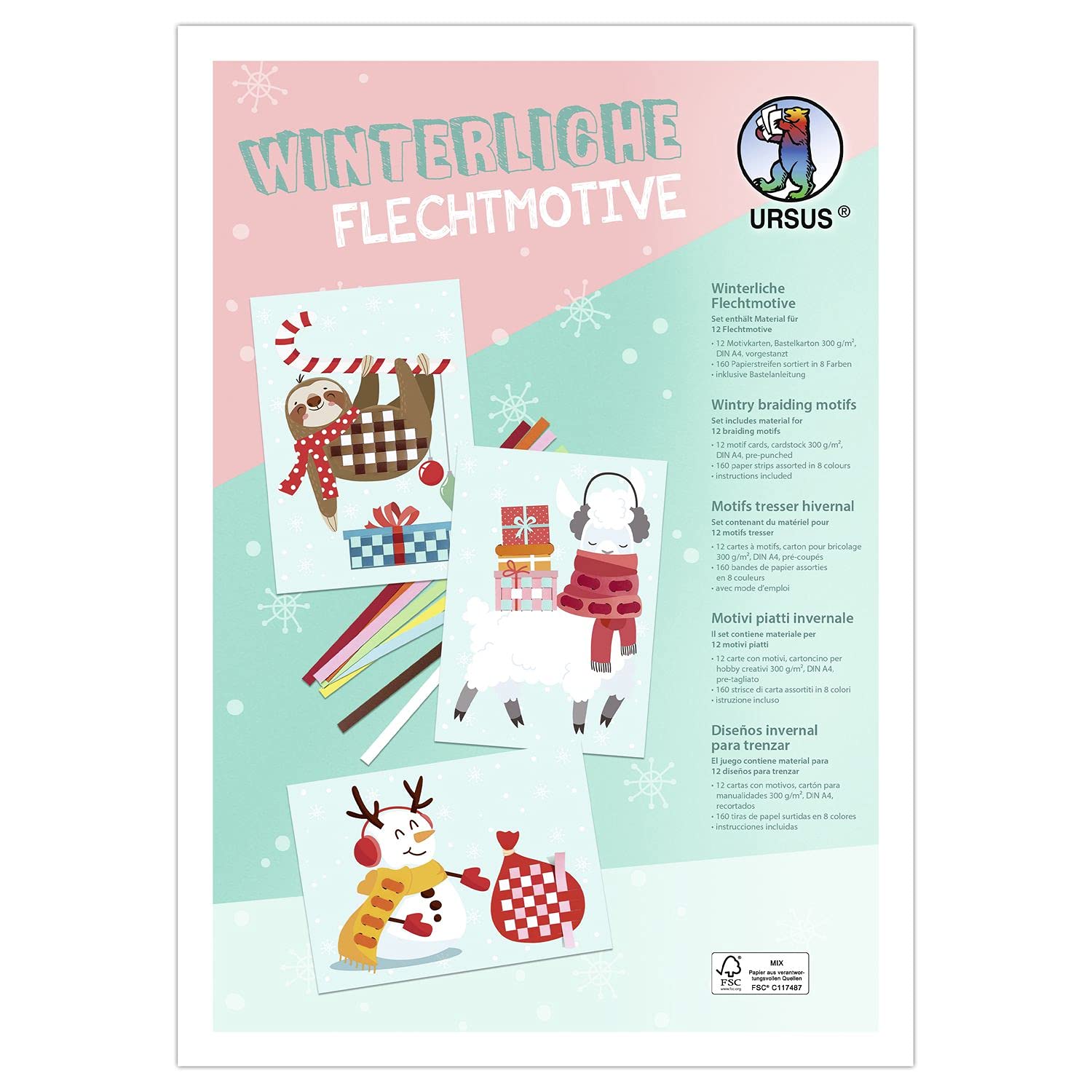 Ursus 28240099F Winter Craft Set for Children with 12 Colourful Wicker Motifs (A4) and 160 Paper Strips, for Creative Activity