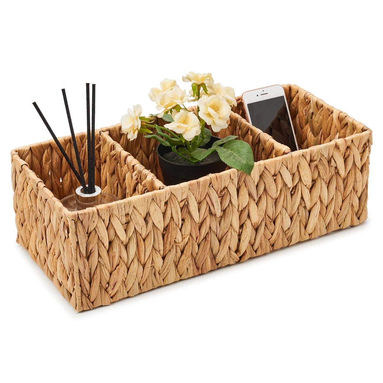 EZOWare Lot de 2 Paniers de Rangement Divisé en Jacinthe d'Eau Tressé, 3 Compartiments Osier Naturel Boîte de Rangement Rectangulaires Pour Chambre d'Enfant, Salle de Bain, Garde Manger