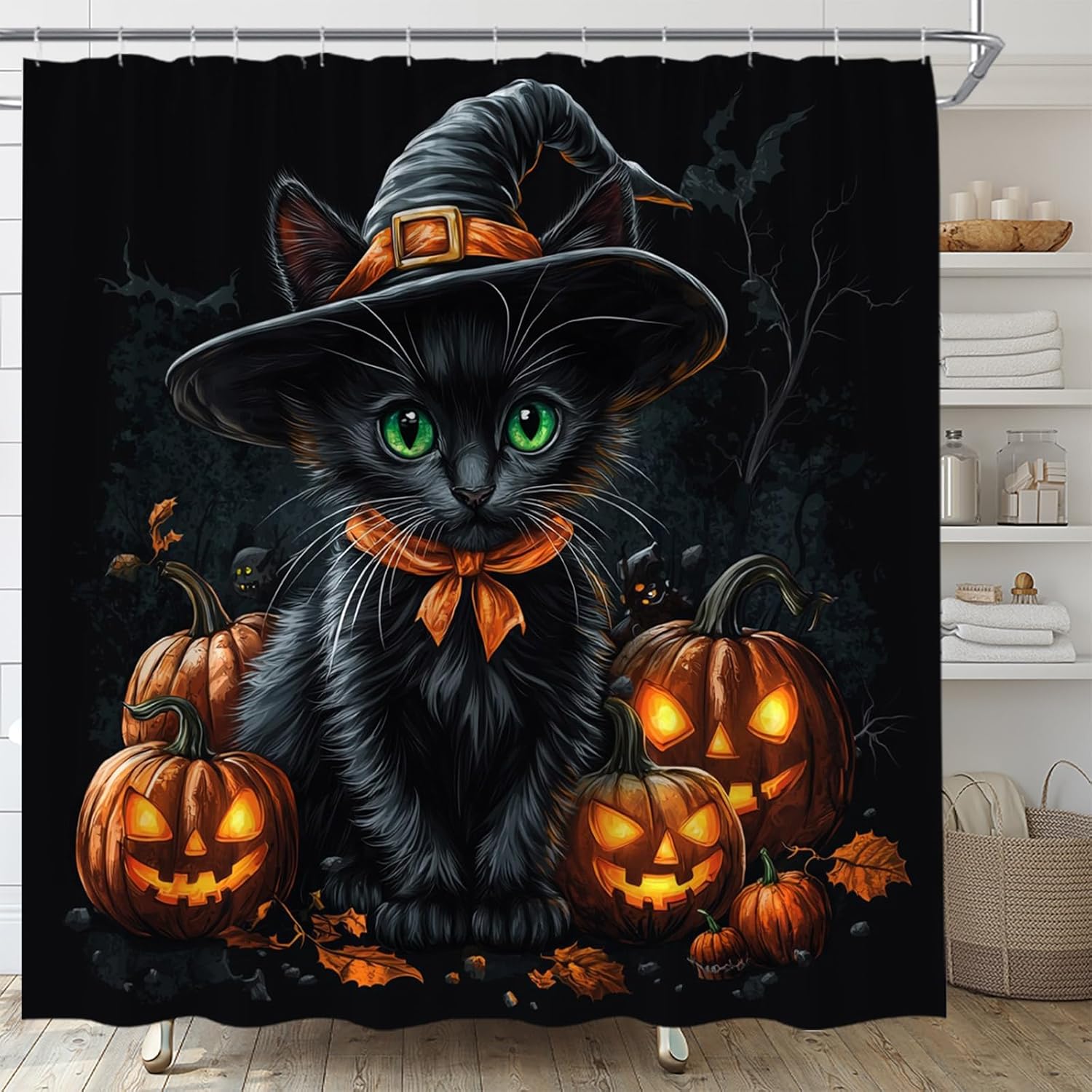 Magic Cat Shower Curtain Gothic Funny Black Cat Halloween Horror Pumpkin Bats Spooky Goth Cartoon Dead Tree Fabric Bathroom Decor Set with Hooks(70" Wx96 H)