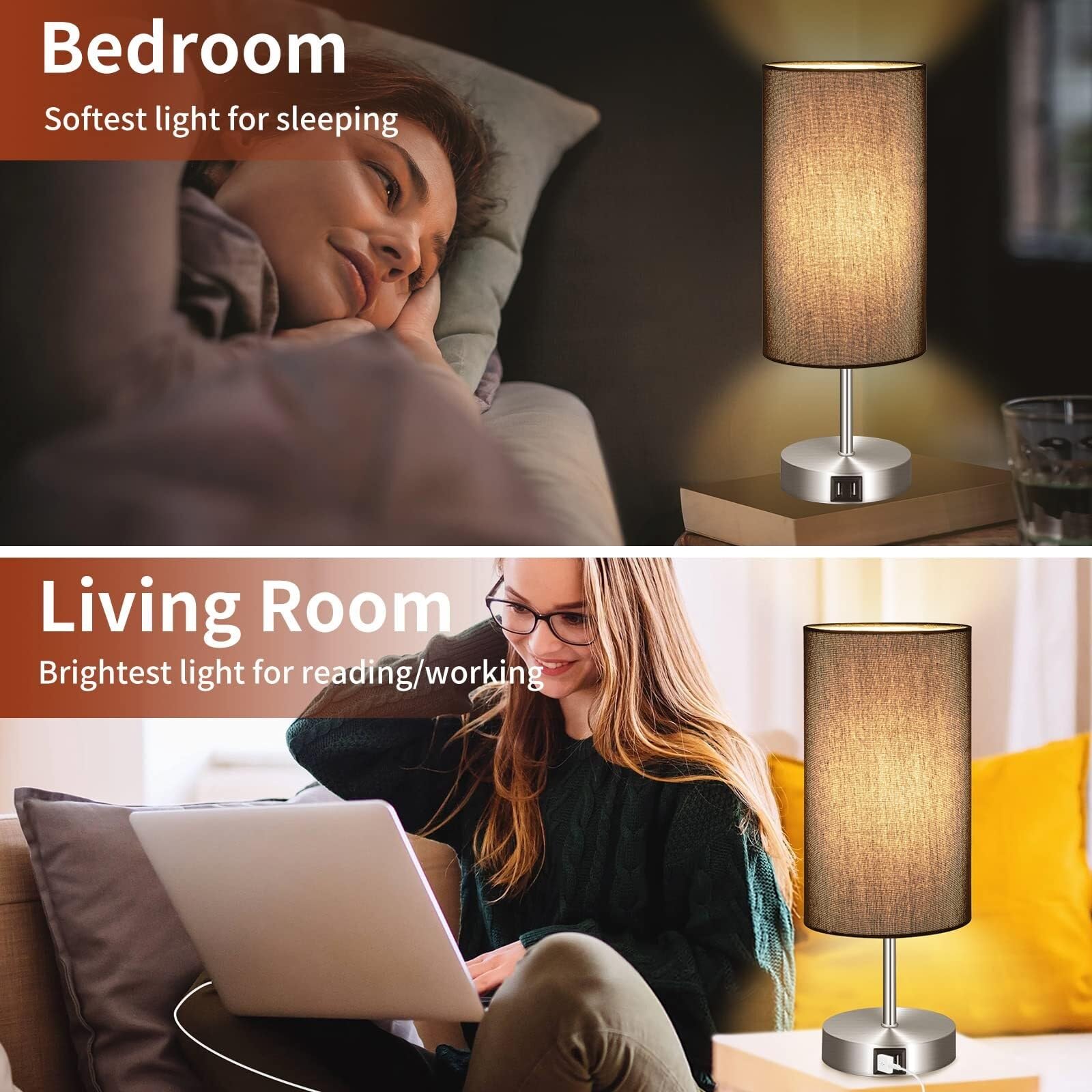 Lampka nocna Lampka nocna dotykowa, mała drewniana lampa stołowa do sypialni z 2 portami ładowania USB i białym kloszem z tkaniny Lampki nocne(F)