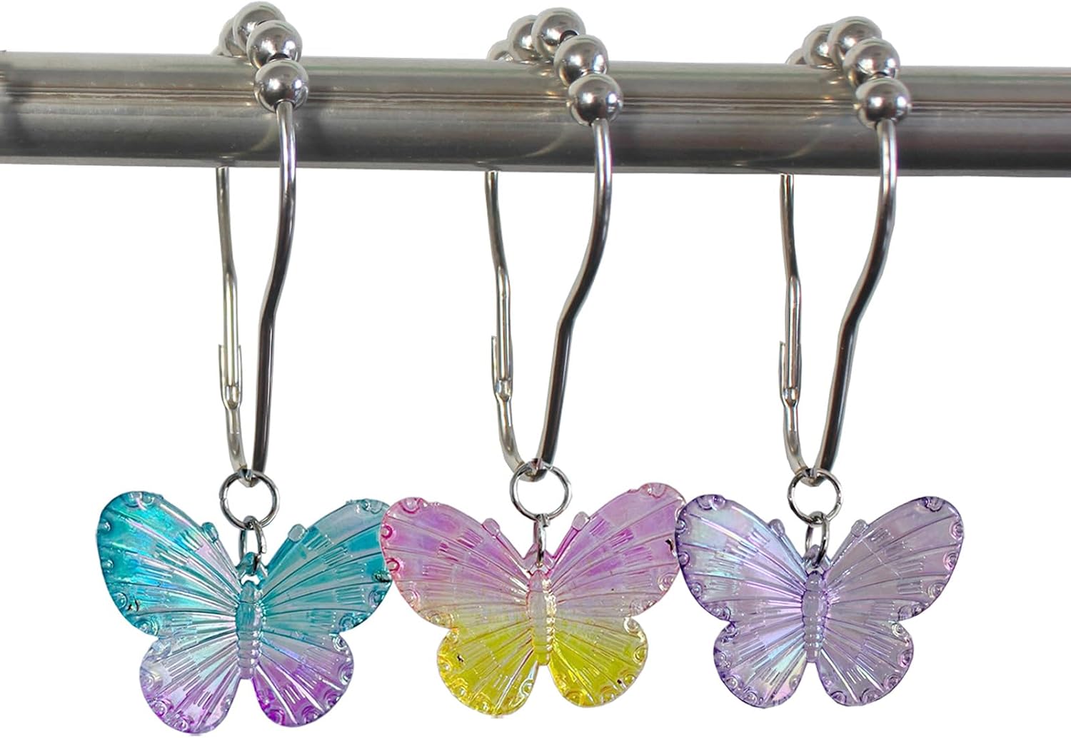 Butterfly Shower Curtain Hooks Rings,12Pcs Colorful Resin Pendants Accessories, Rustproof Rings Insect Garden Nature Theme Home Bathroom Decoration (Purple Pink Blue Pink Yellow)